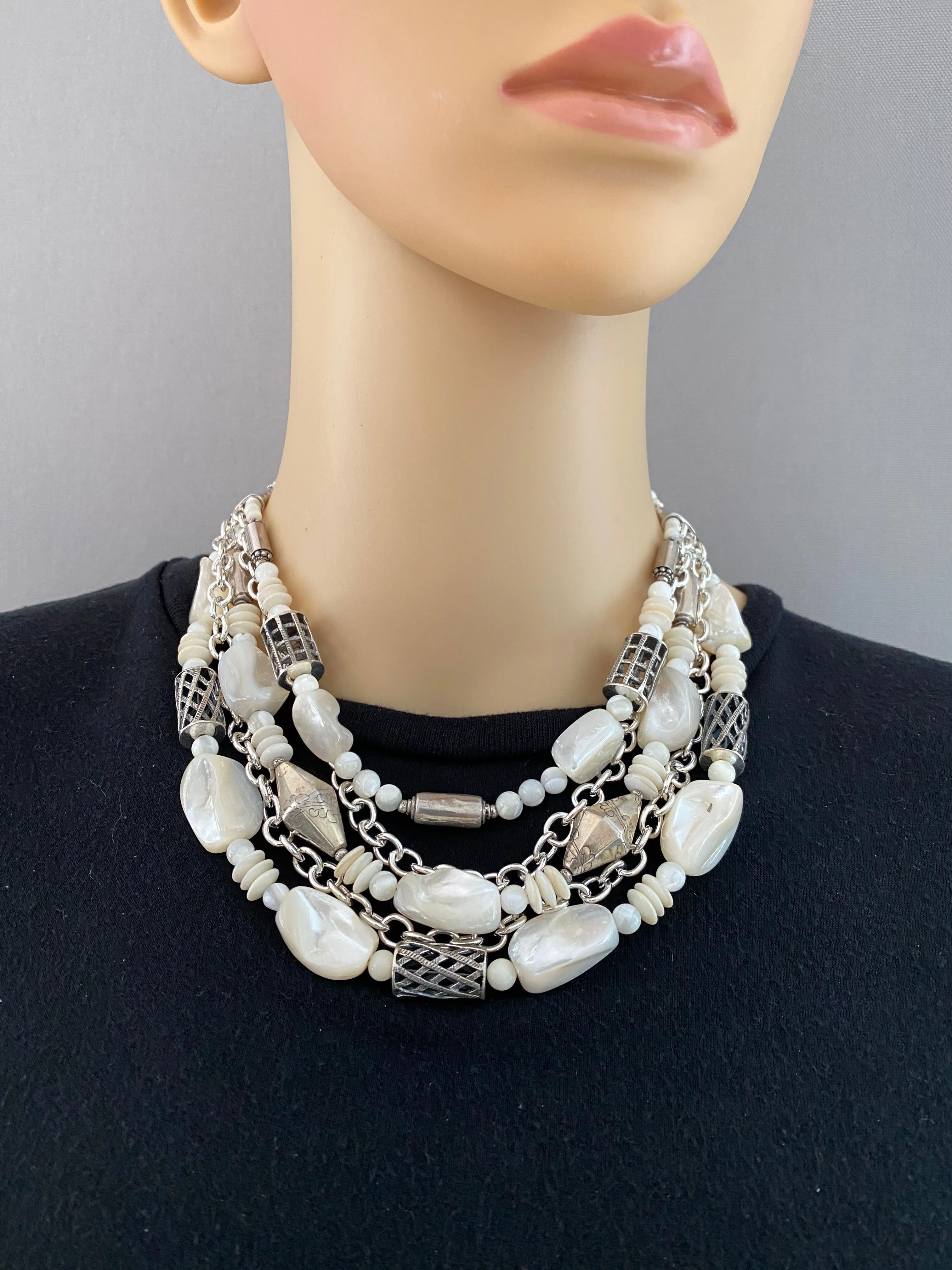 Multi-Strand Mother of Pearl and Silver Statement Necklace