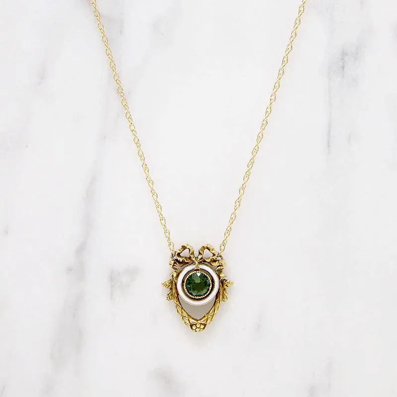 Neoclassical Green Garnet, White Enamel & Gold Pendant