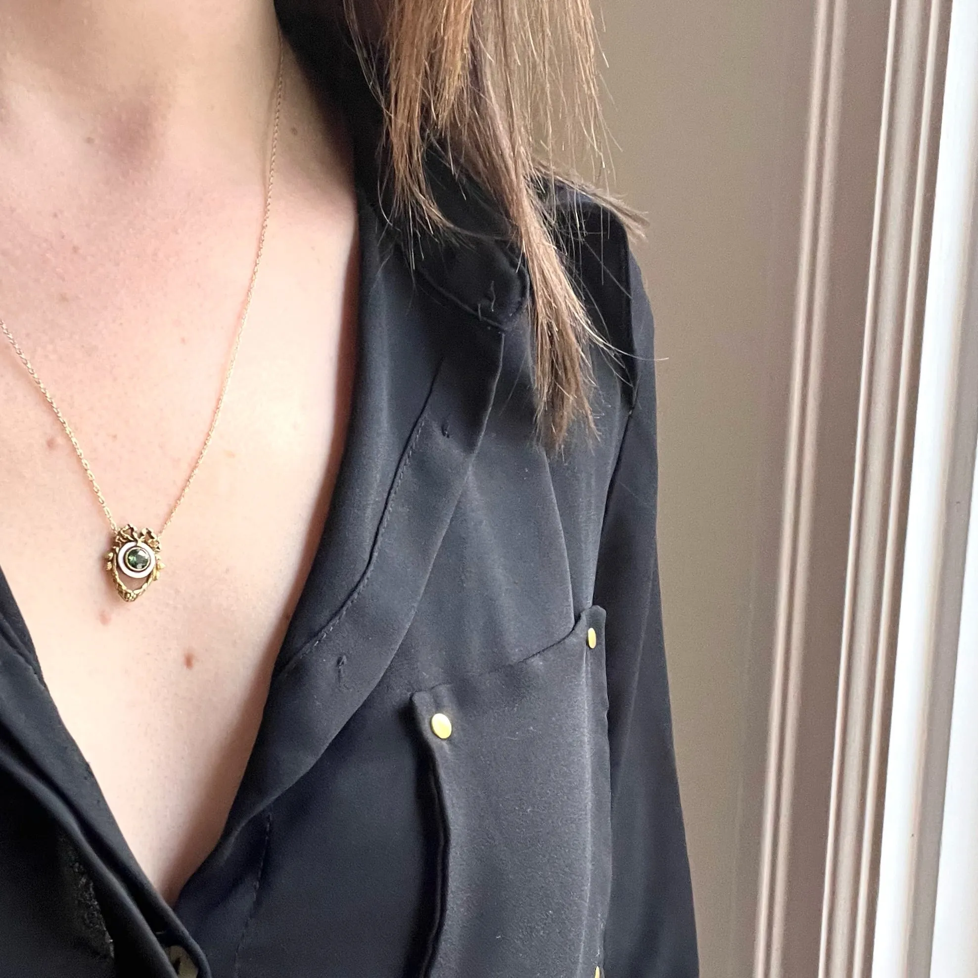 Neoclassical Green Garnet, White Enamel & Gold Pendant