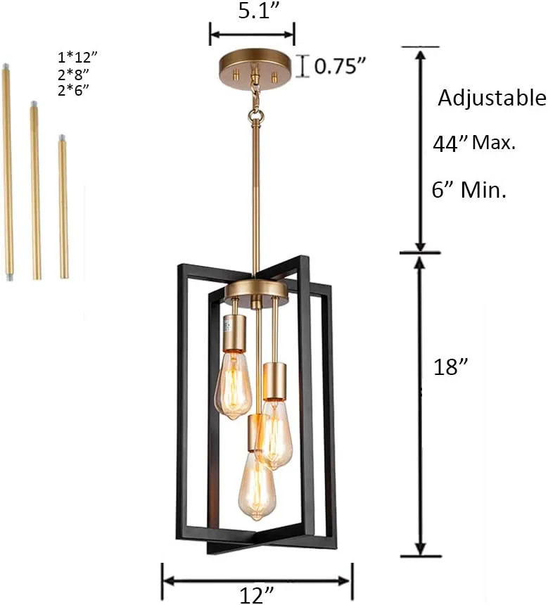 New JINZO 3-Light Rectangle Chandelier Black and Gold Farmhouse Pendant Lighting with Rustic Style Industrial Metallic Pendant Lighting Modern Linear Metal Hanging Pendant Light Fixture! Retails $135