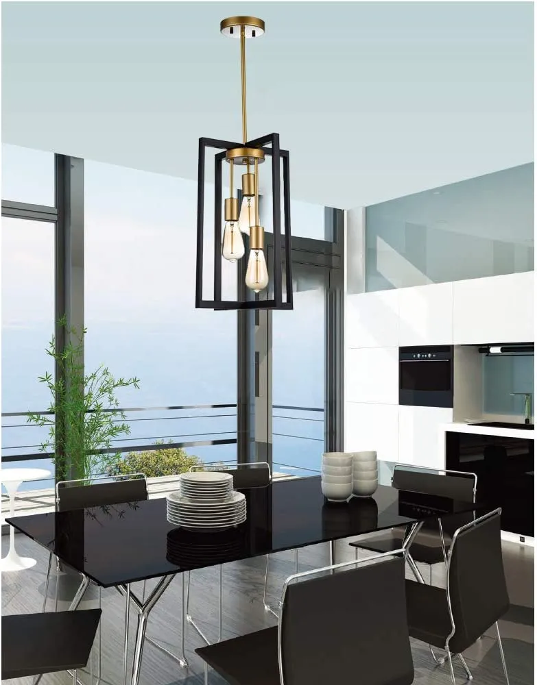 New JINZO 3-Light Rectangle Chandelier Black and Gold Farmhouse Pendant Lighting with Rustic Style Industrial Metallic Pendant Lighting Modern Linear Metal Hanging Pendant Light Fixture! Retails $135