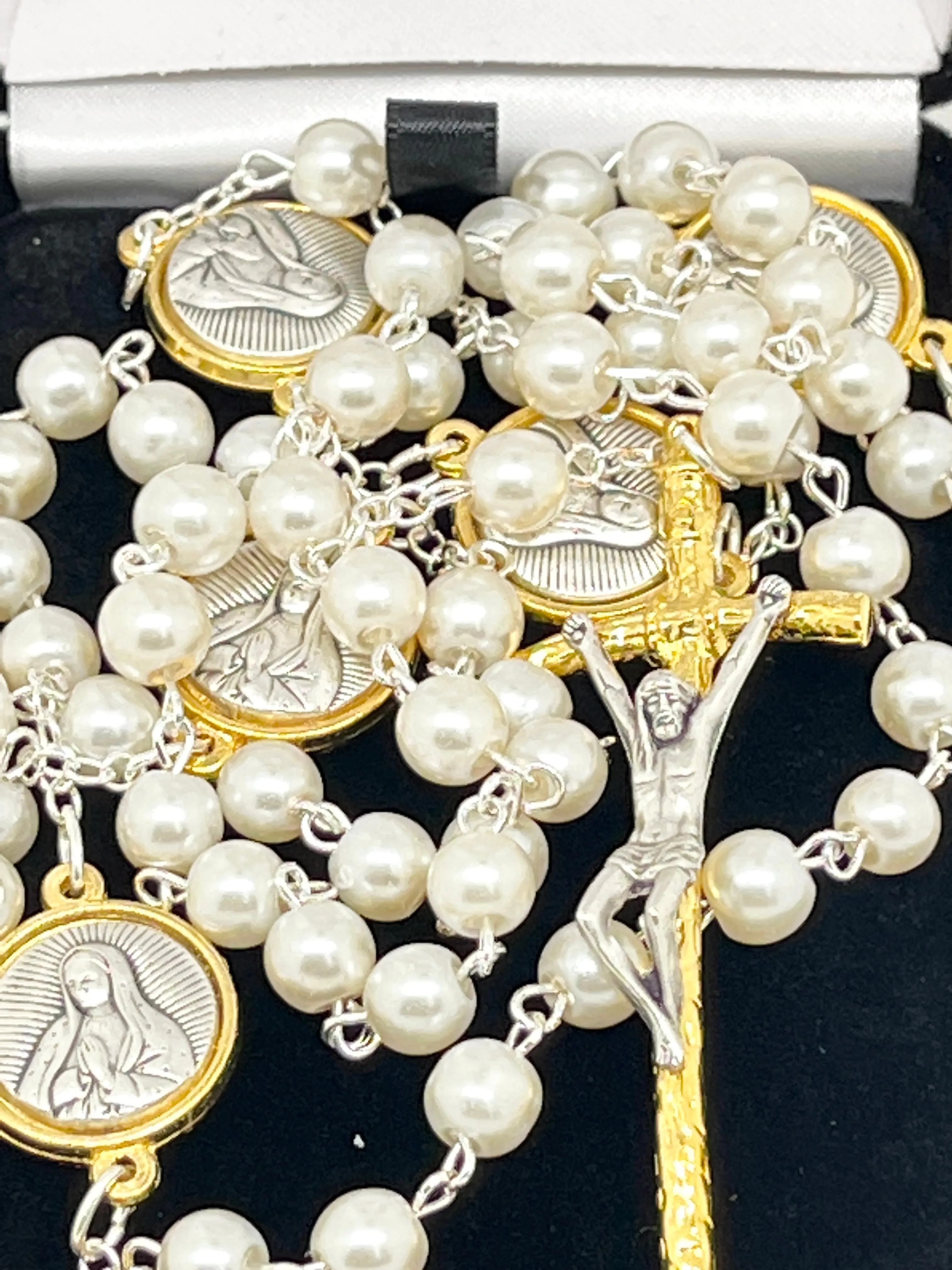 Our Lady of Guadalupe Silver and Gold Two Tone and White Pearl Rosary