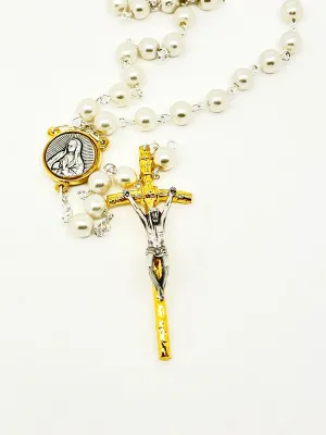 Our Lady of Guadalupe Silver and Gold Two Tone and White Pearl Rosary
