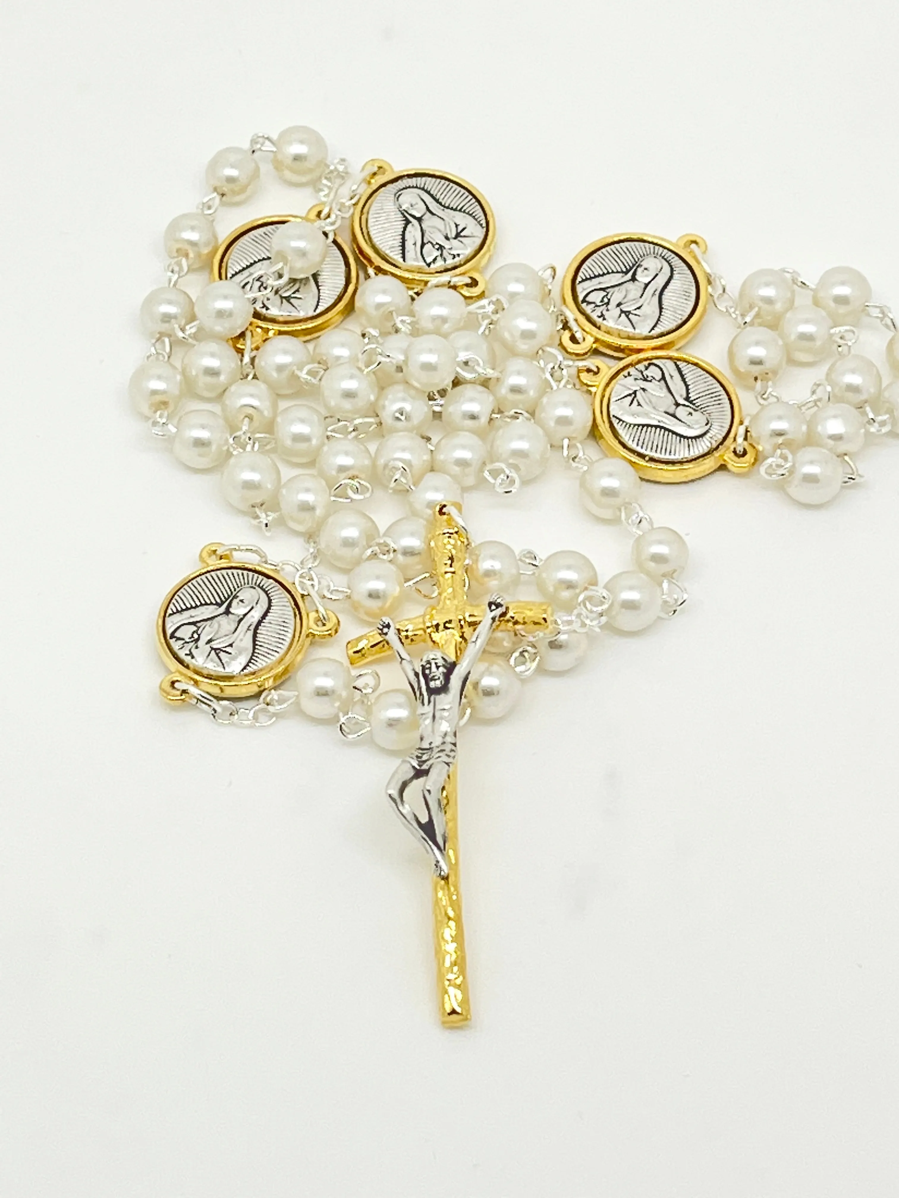 Our Lady of Guadalupe Silver and Gold Two Tone and White Pearl Rosary