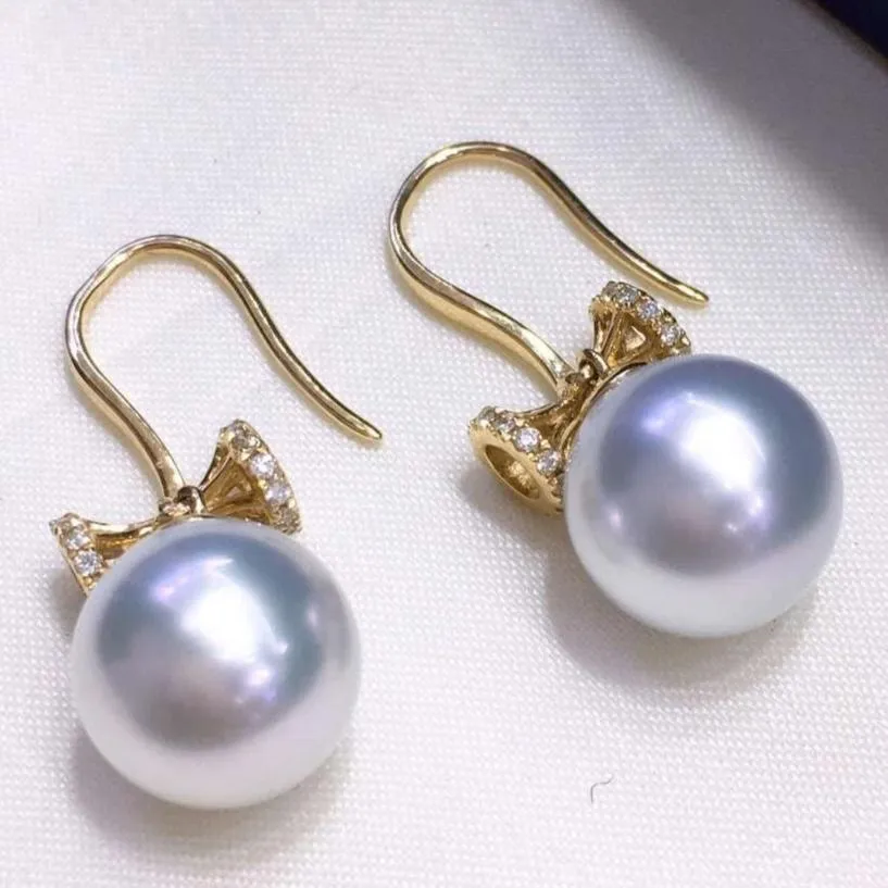 Passion 9.0-10.0 mm White South Sea Pearl & Diamond Dangle Earrings in Gold