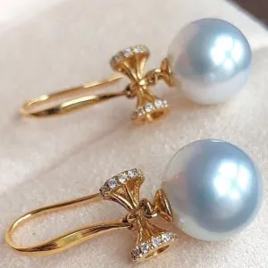 Passion 9.0-10.0 mm White South Sea Pearl & Diamond Dangle Earrings in Gold