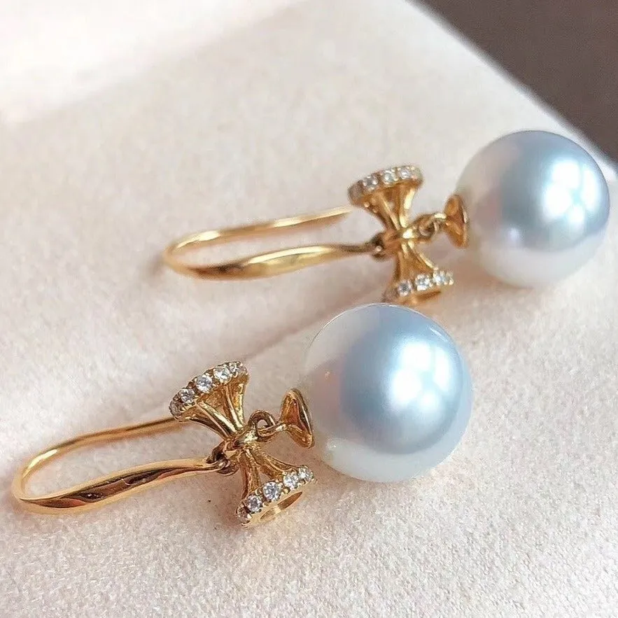 Passion 9.0-10.0 mm White South Sea Pearl & Diamond Dangle Earrings in Gold