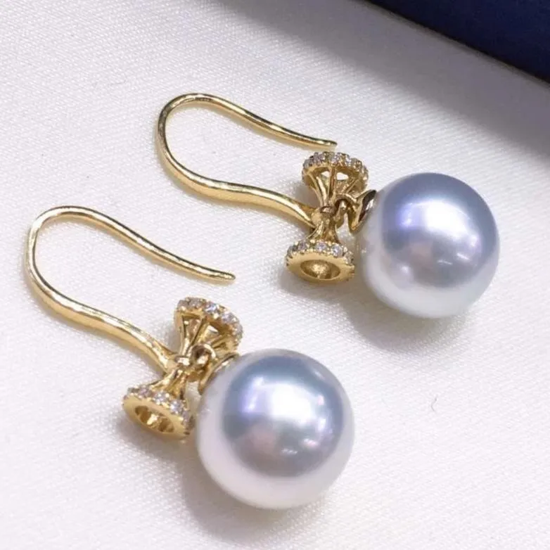 Passion 9.0-10.0 mm White South Sea Pearl & Diamond Dangle Earrings in Gold