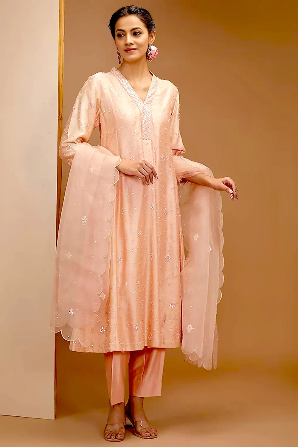 Peach Color Embroidered Kali Kurta Set