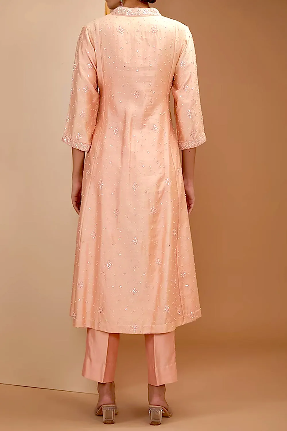 Peach Color Embroidered Kali Kurta Set