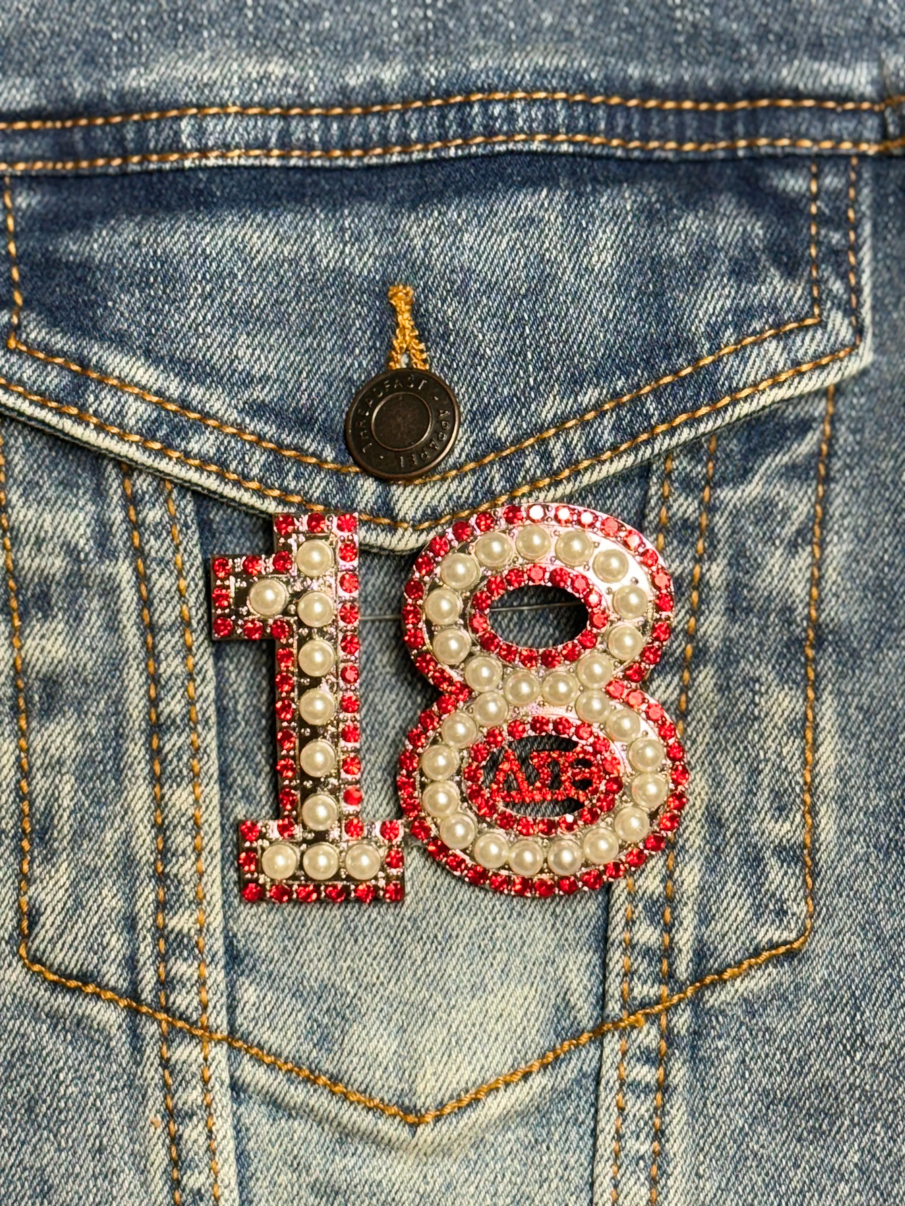 Pearl & Red Rhinestone Line Number Pins (As seen on the Creamery)