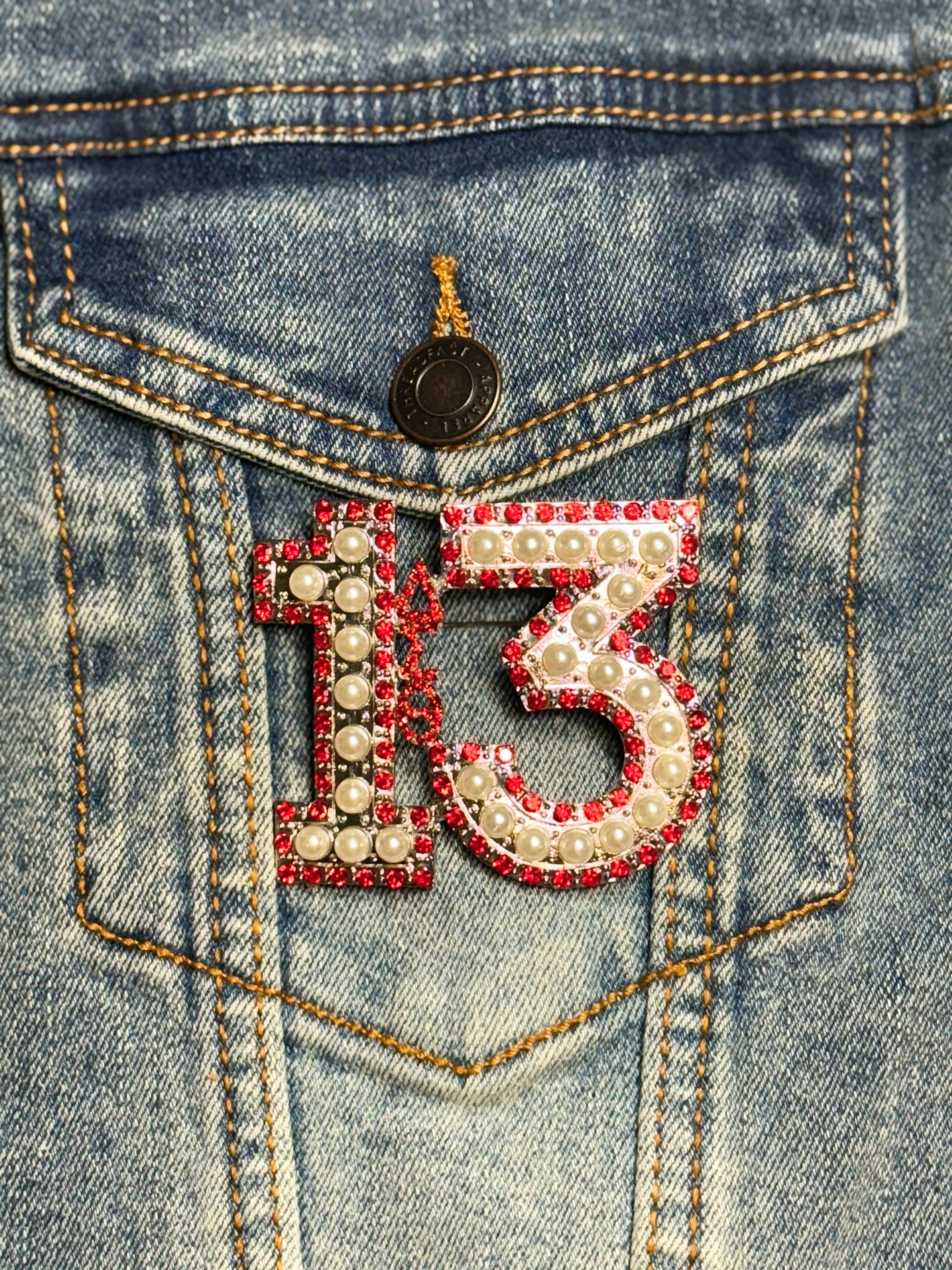 Pearl & Red Rhinestone Line Number Pins (As seen on the Creamery)