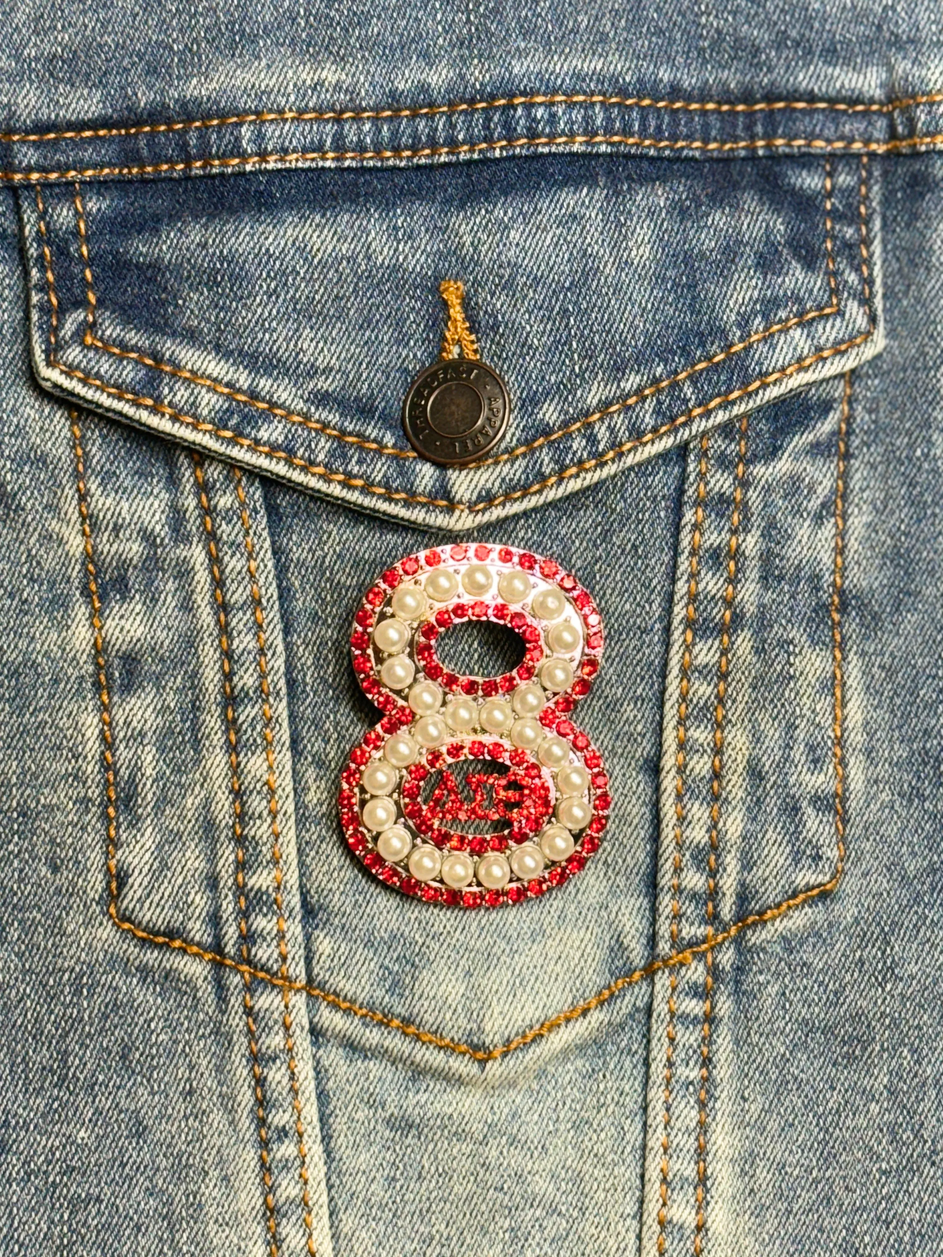 Pearl & Red Rhinestone Line Number Pins (As seen on the Creamery)