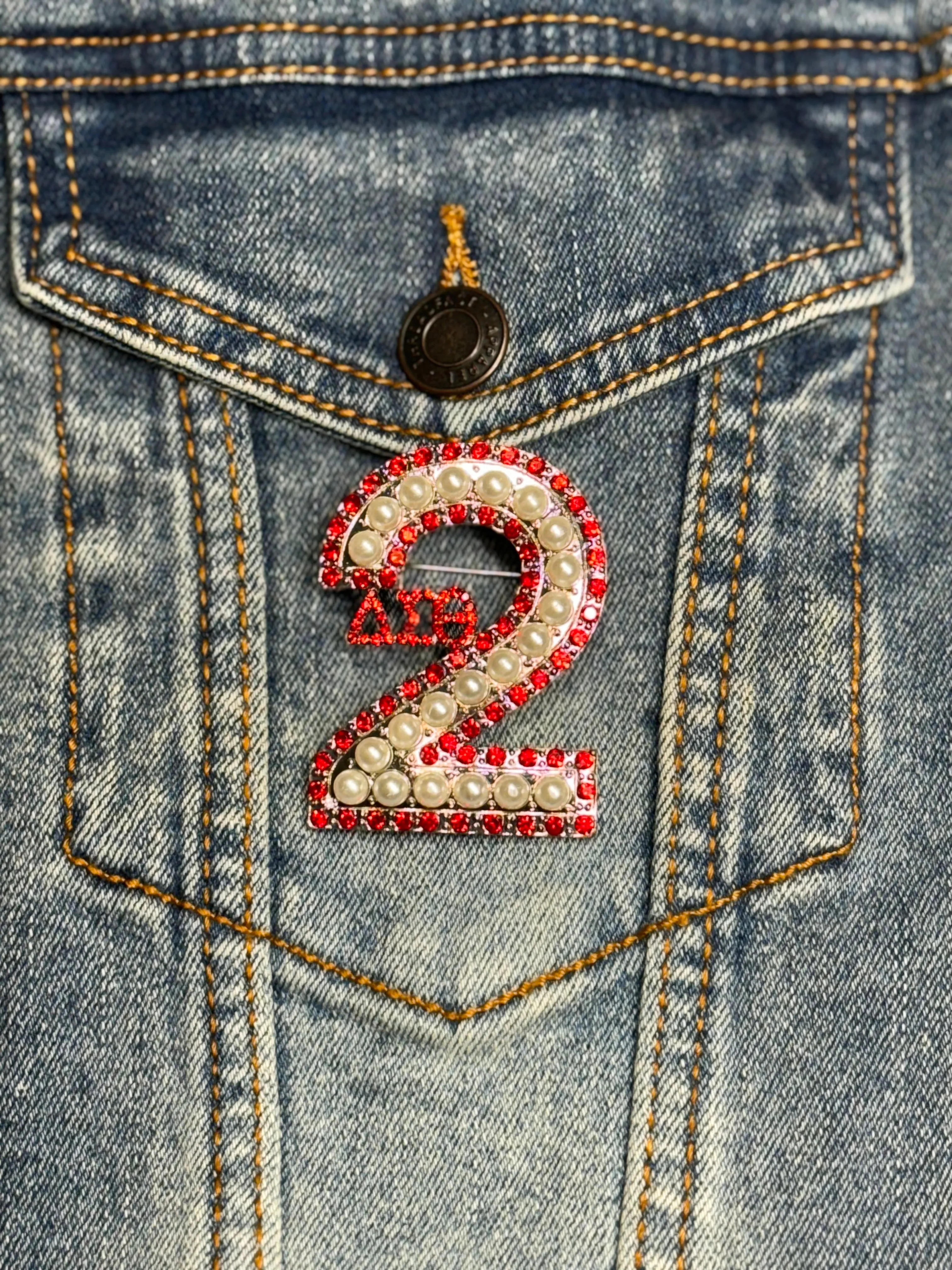 Pearl & Red Rhinestone Line Number Pins (As seen on the Creamery)