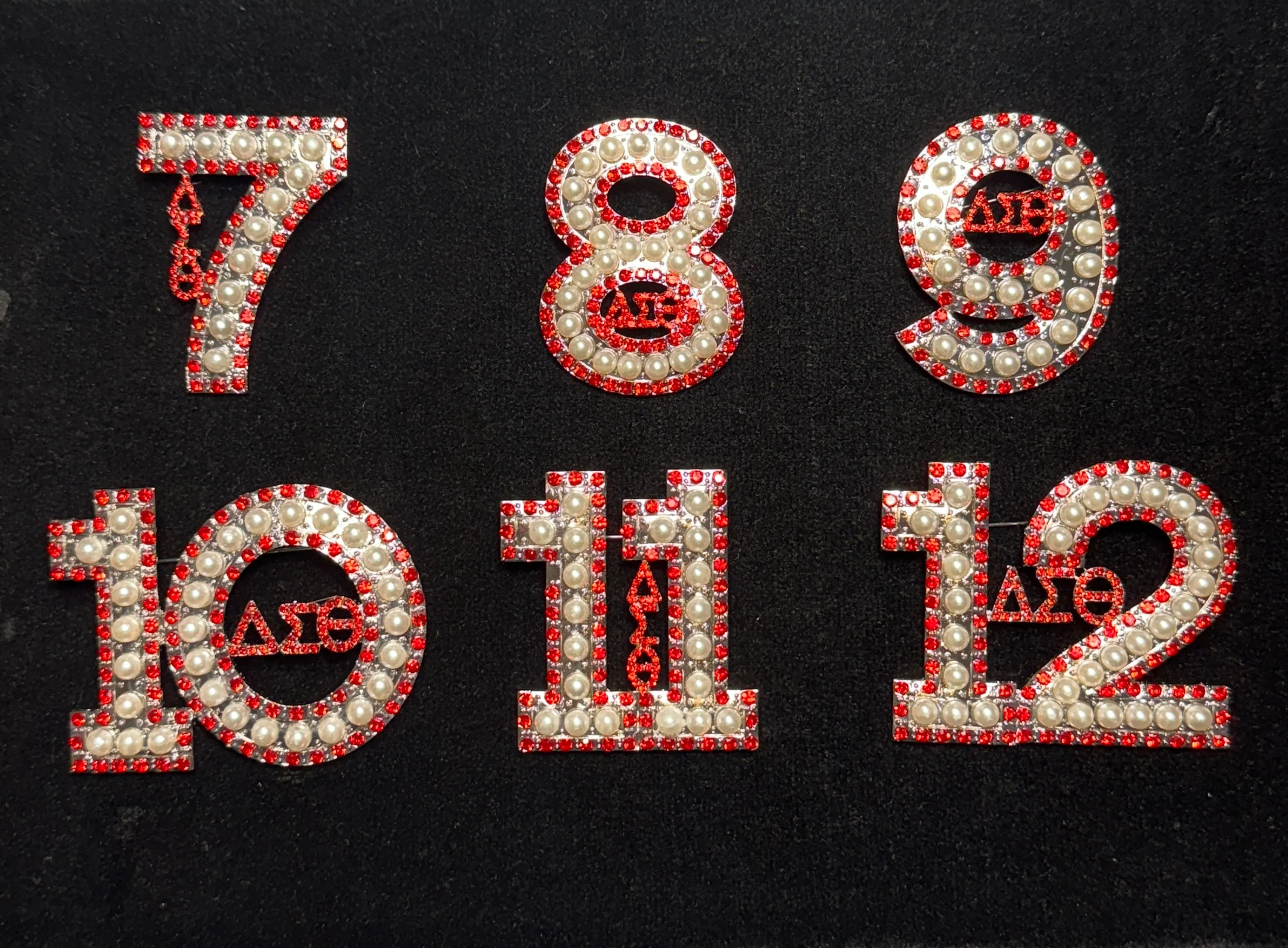 Pearl & Red Rhinestone Line Number Pins (As seen on the Creamery)