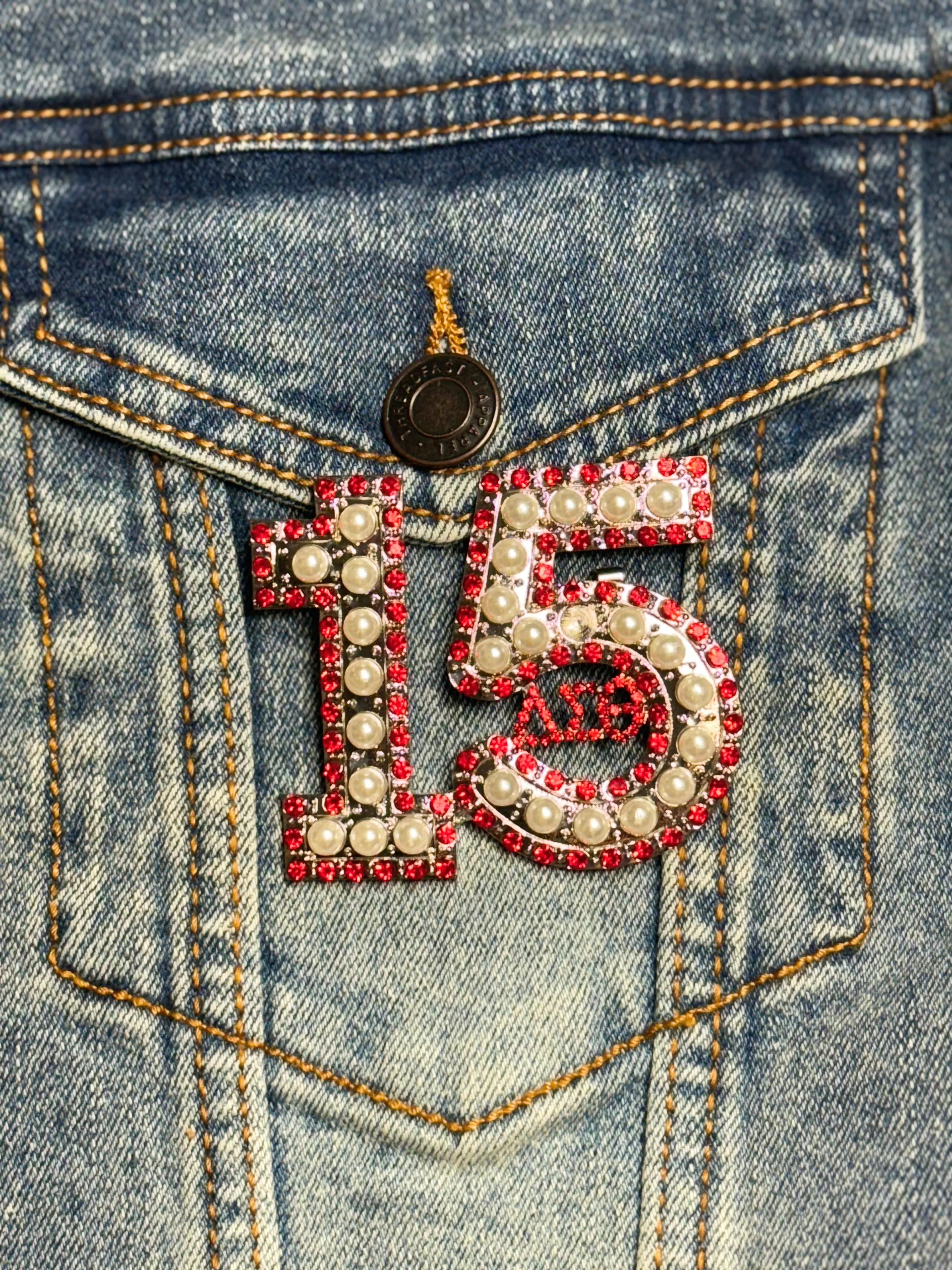 Pearl & Red Rhinestone Line Number Pins (As seen on the Creamery)
