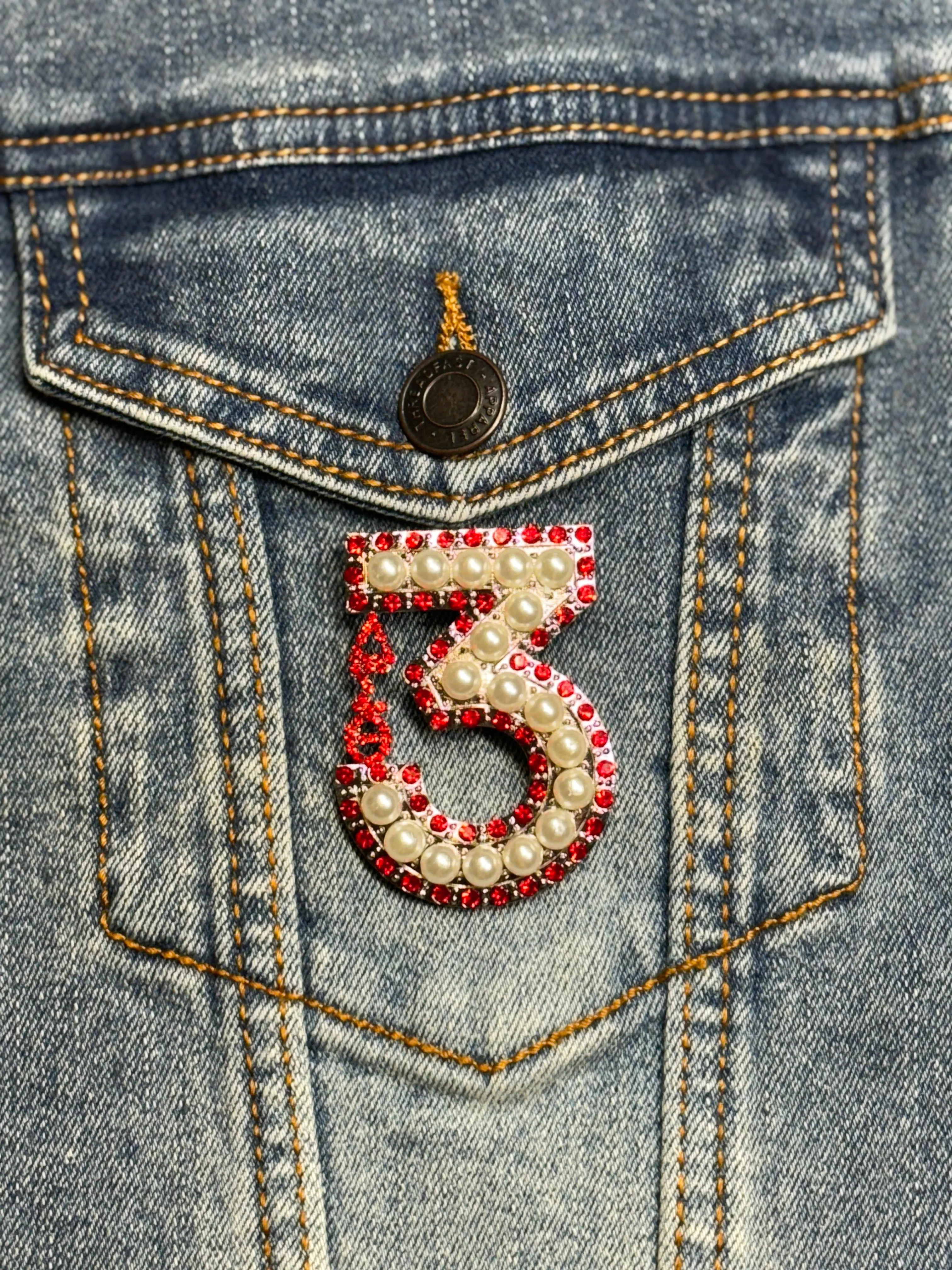 Pearl & Red Rhinestone Line Number Pins (As seen on the Creamery)