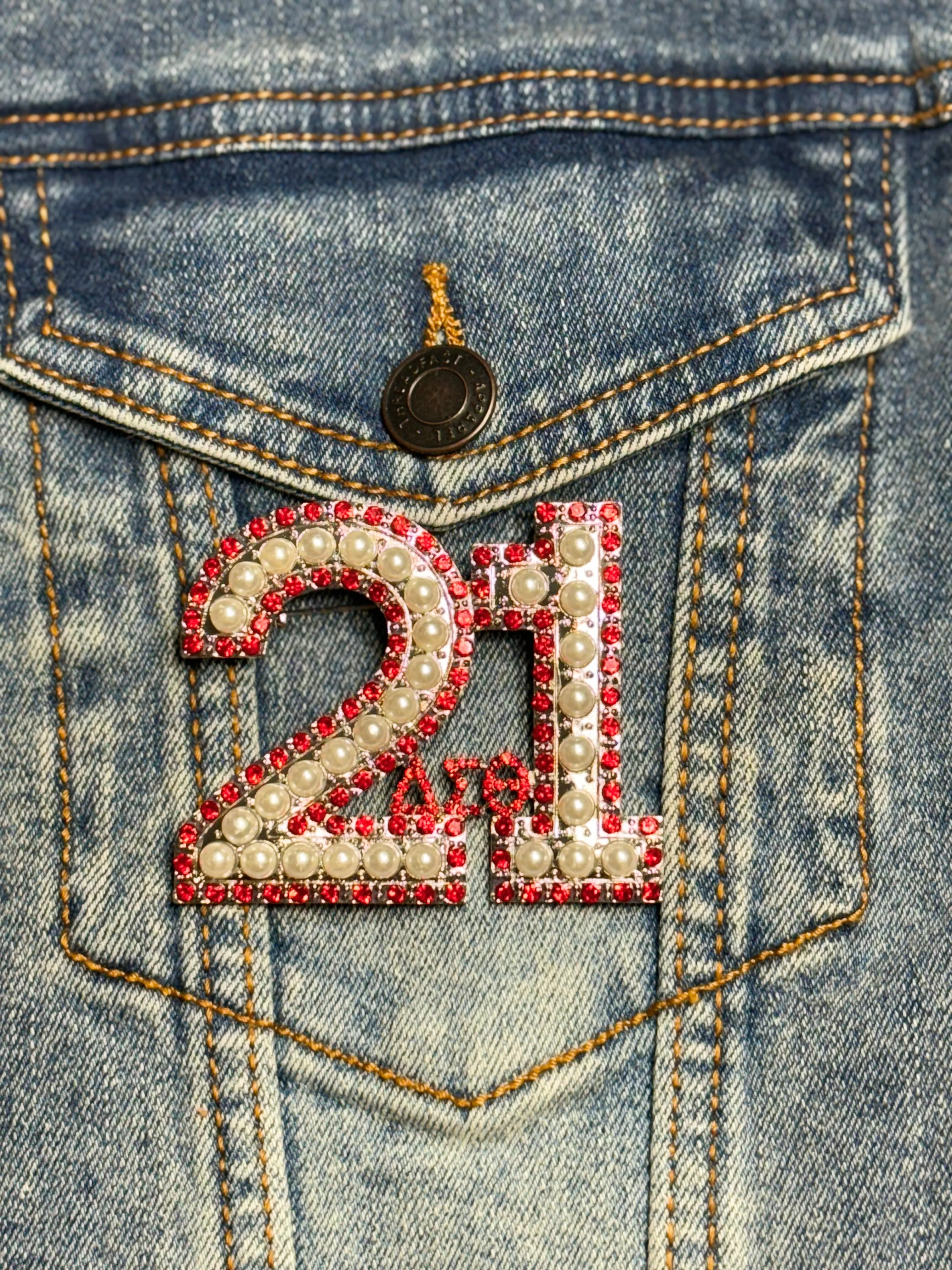 Pearl & Red Rhinestone Line Number Pins (As seen on the Creamery)