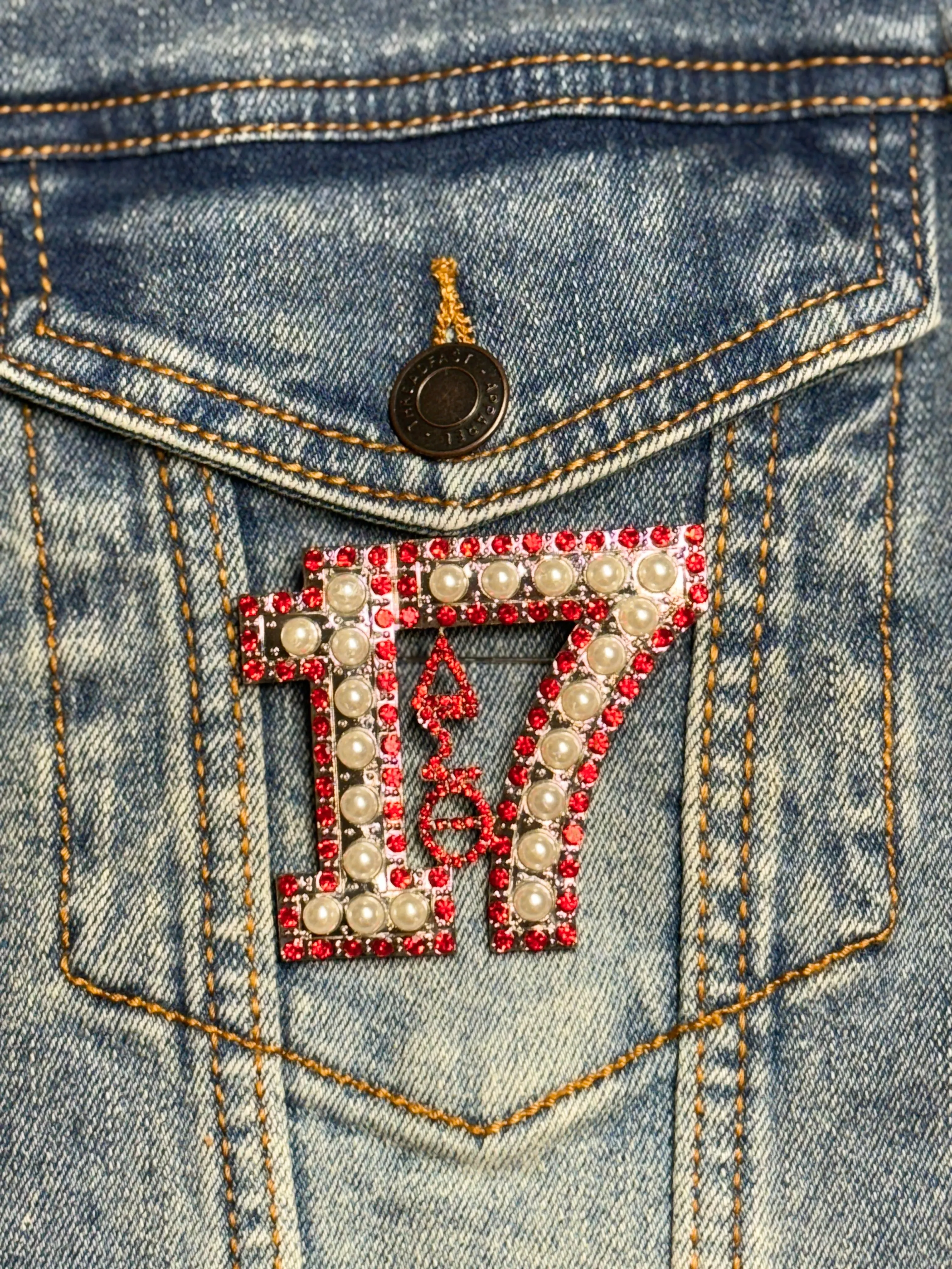 Pearl & Red Rhinestone Line Number Pins (As seen on the Creamery)