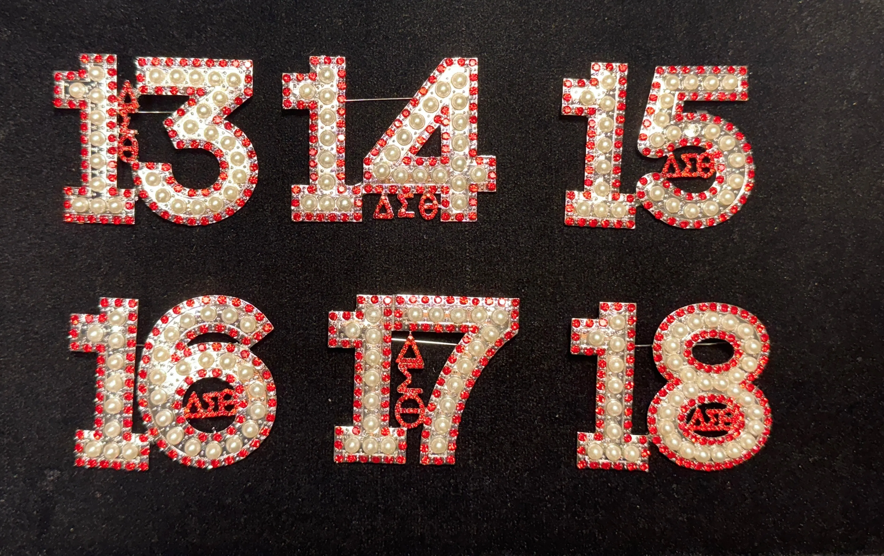 Pearl & Red Rhinestone Line Number Pins (As seen on the Creamery)