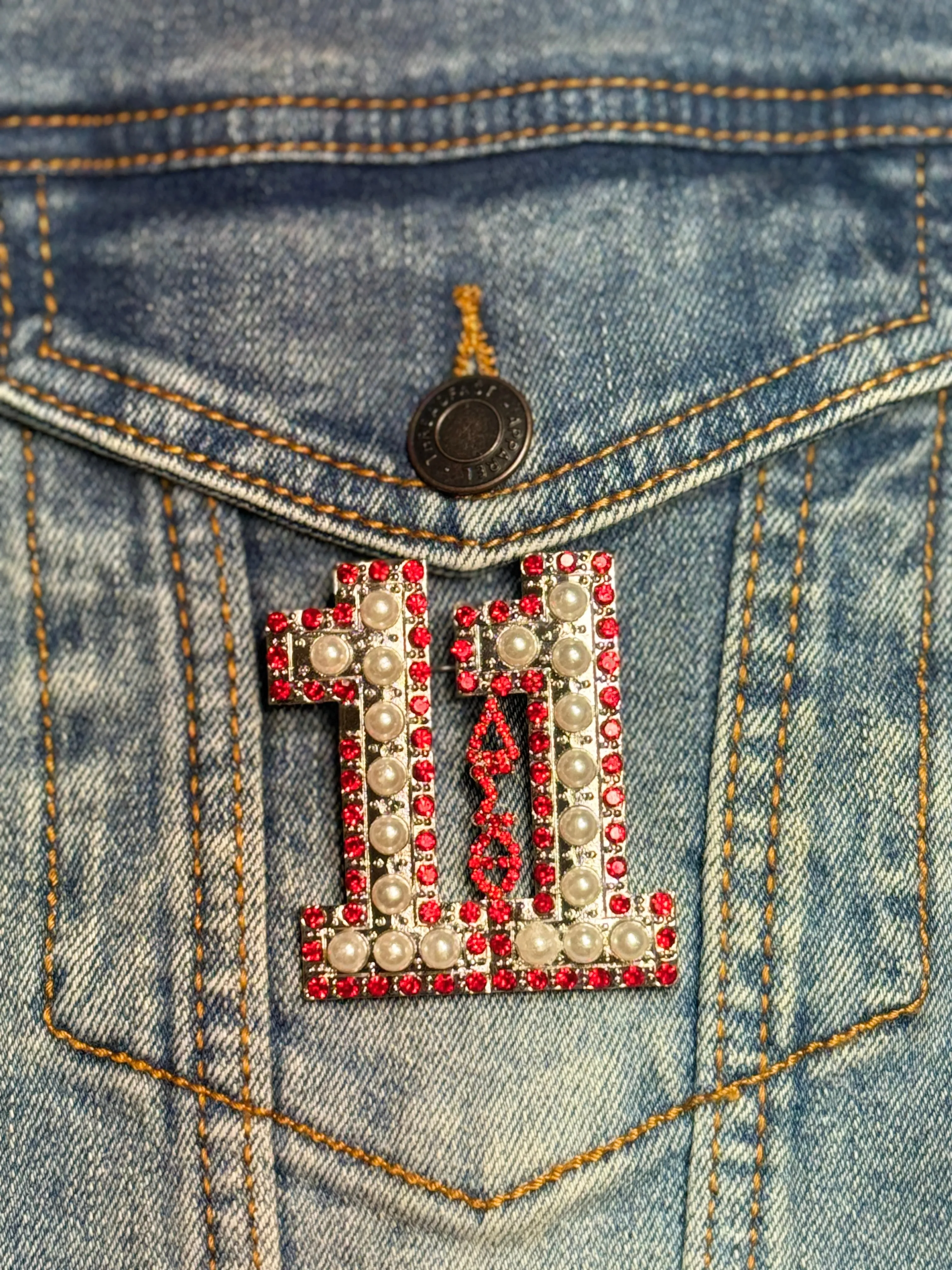 Pearl & Red Rhinestone Line Number Pins (As seen on the Creamery)