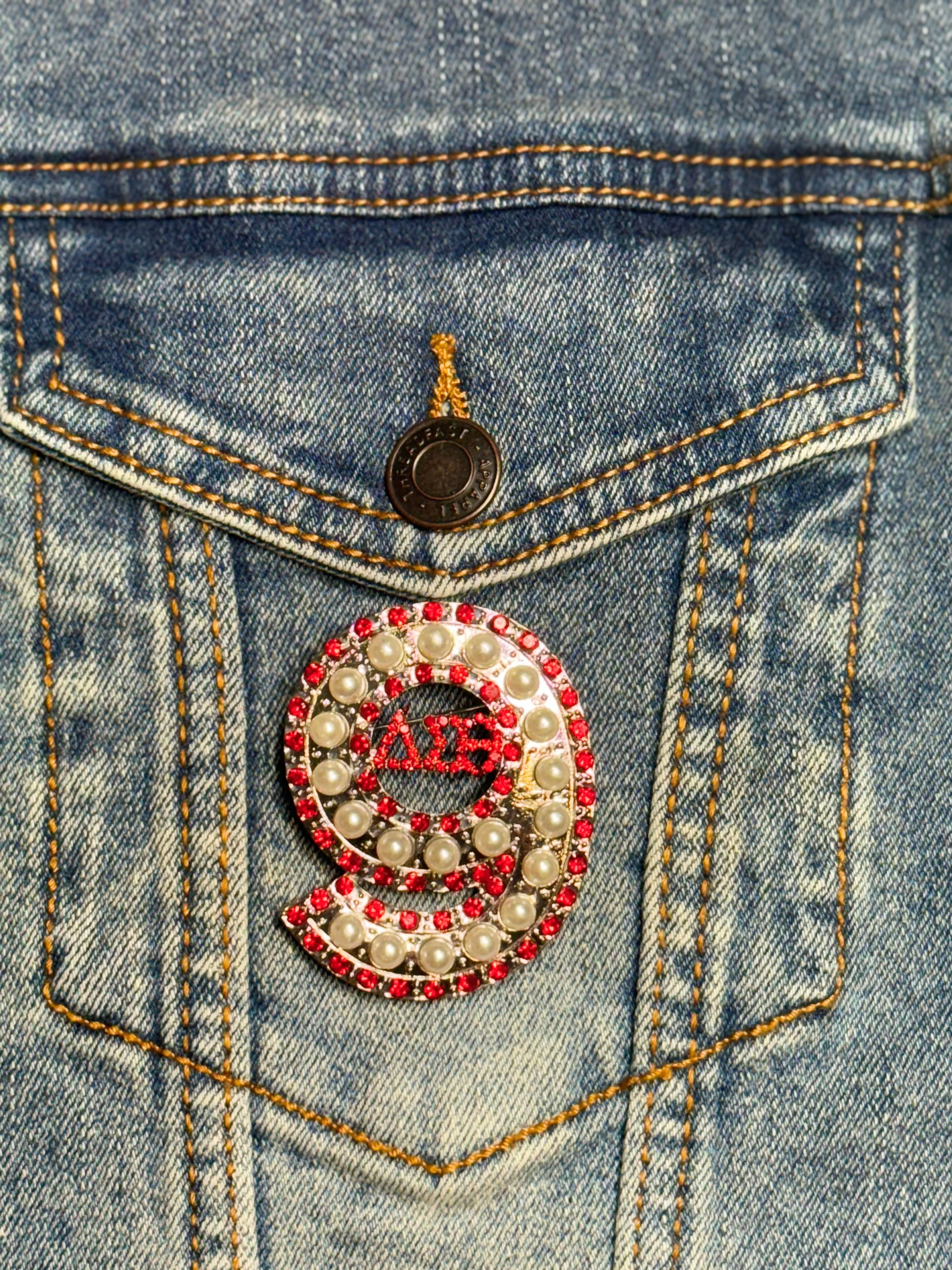 Pearl & Red Rhinestone Line Number Pins (As seen on the Creamery)