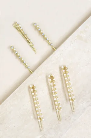 Pearl and Clear Crystal Mixed Hair Pin Set of 6