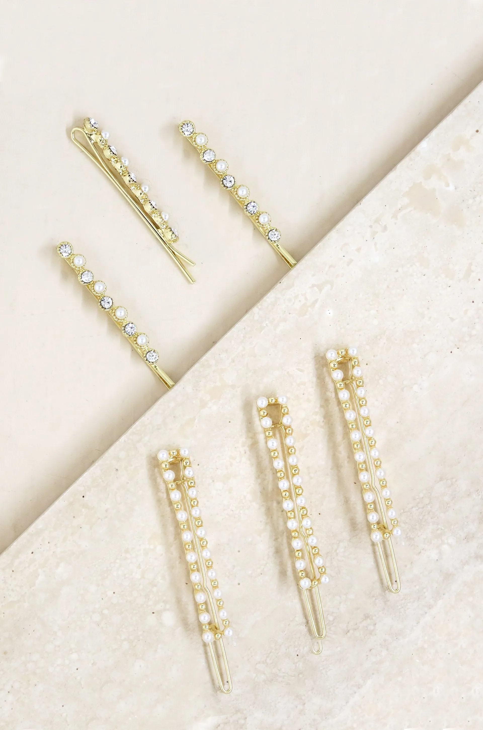 Pearl and Clear Crystal Mixed Hair Pin Set of 6