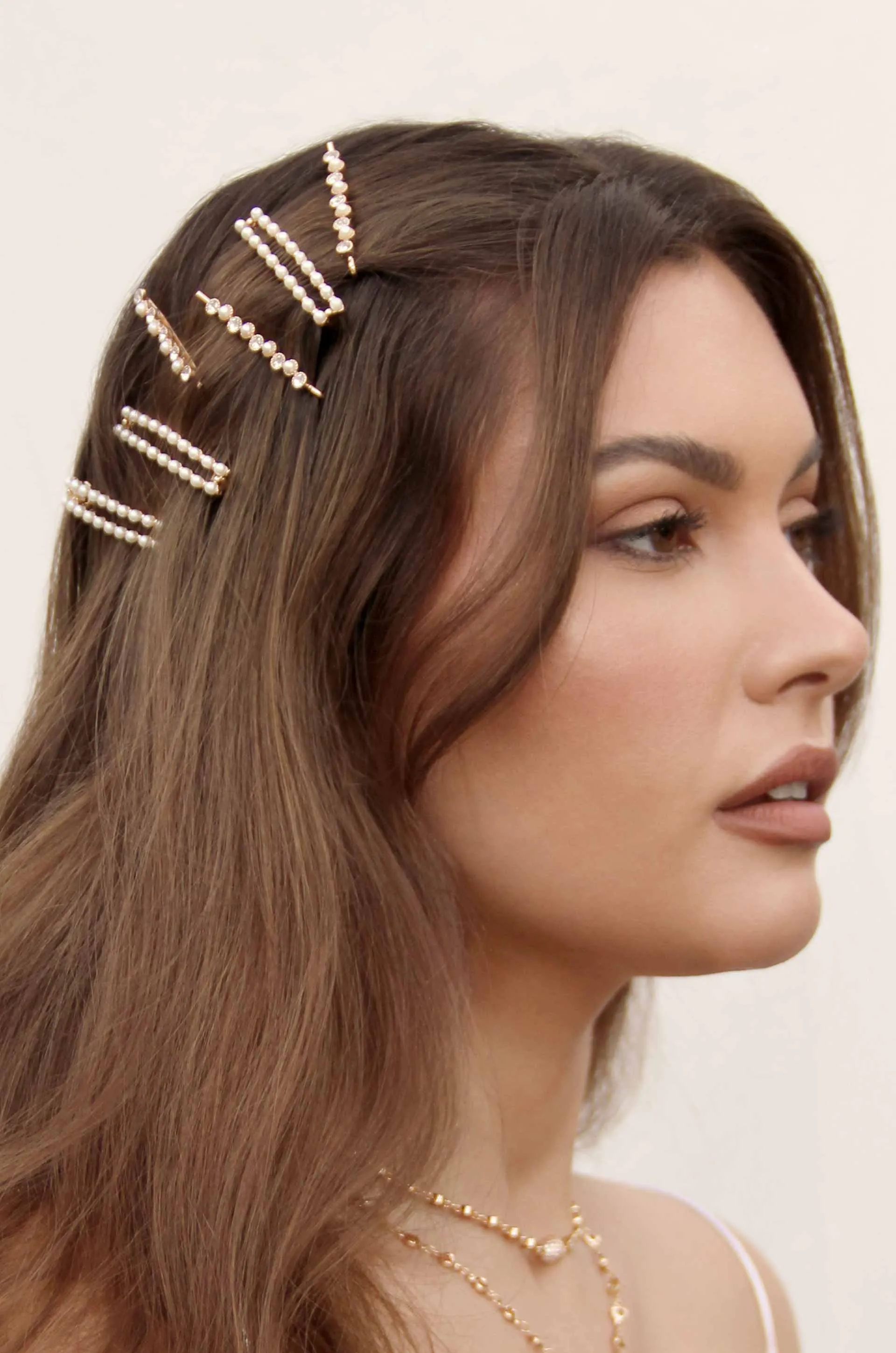Pearl and Clear Crystal Mixed Hair Pin Set of 6