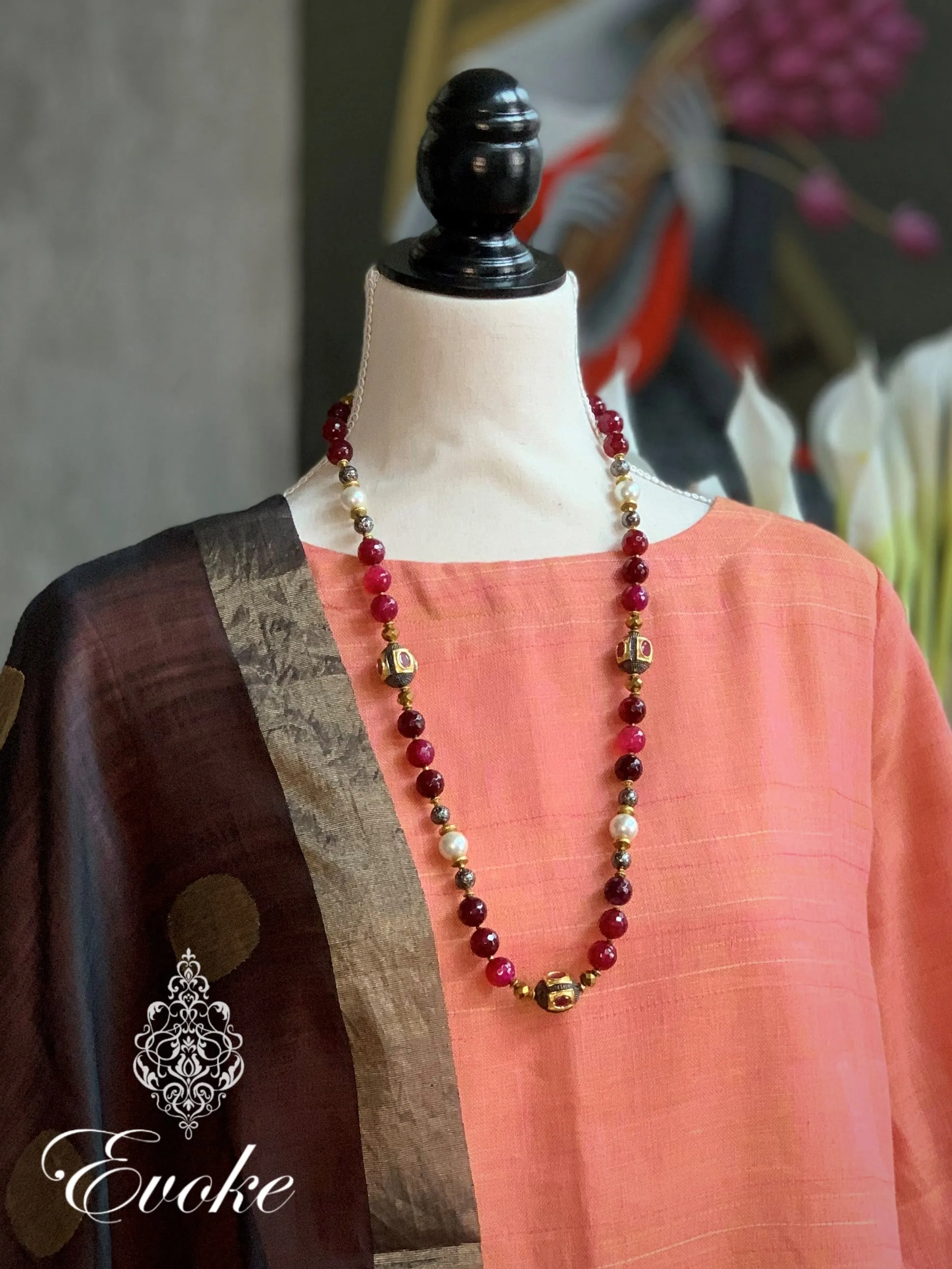 Pink Agate Necklace with Victorian Beads