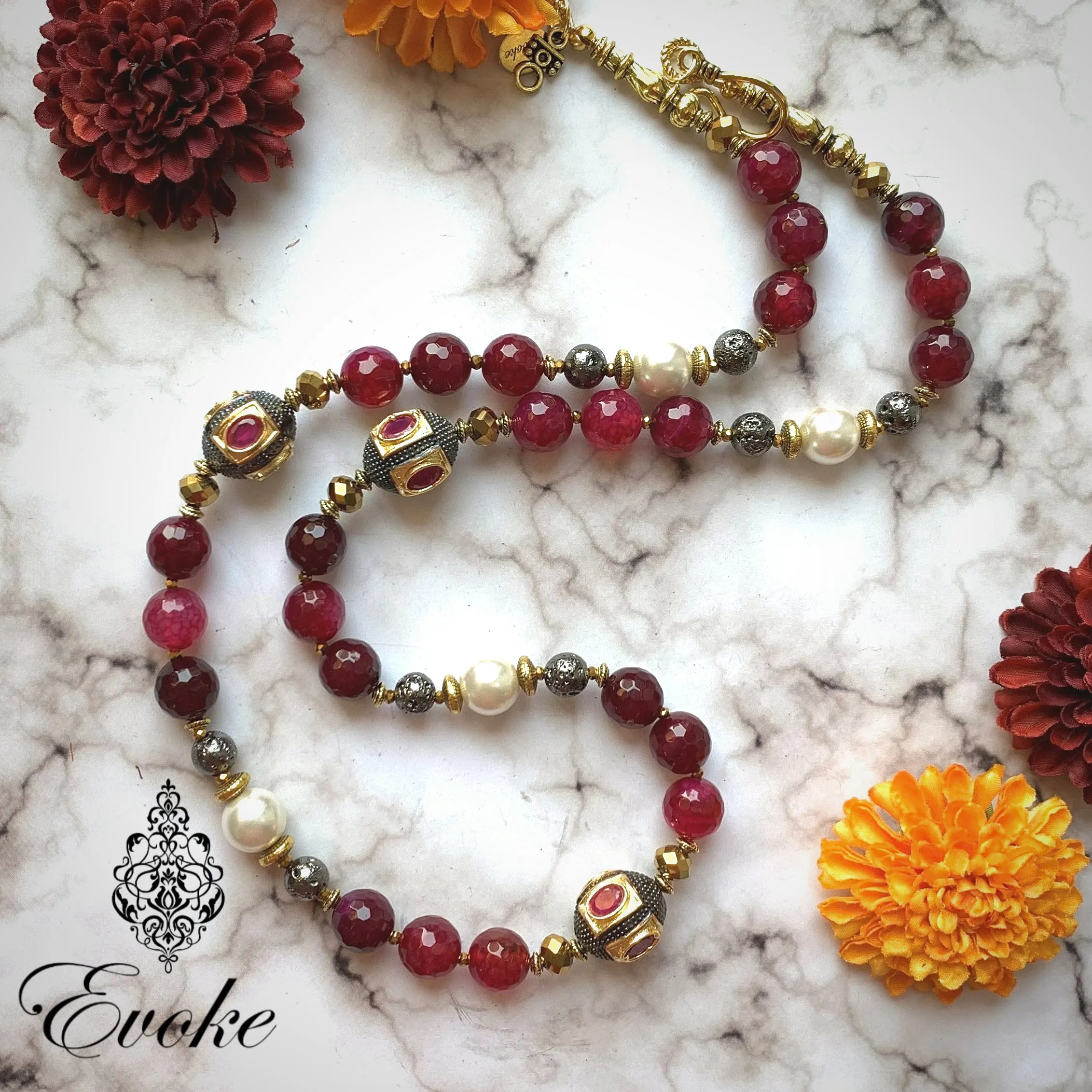 Pink Agate Necklace with Victorian Beads
