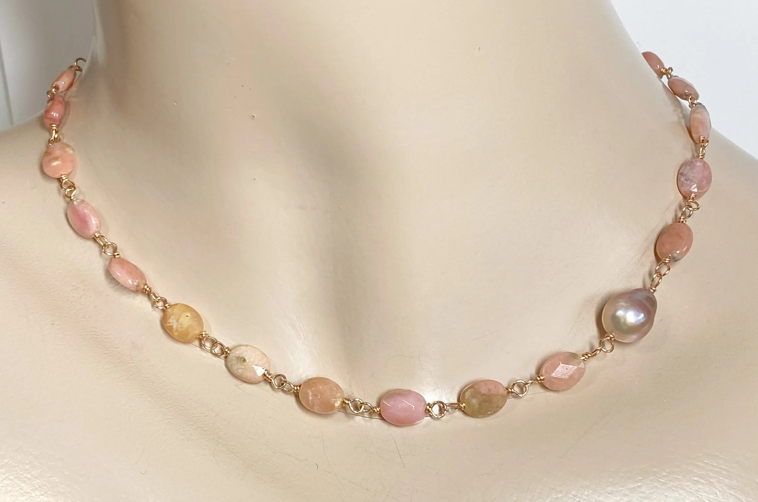 Pink Peruvian Opal, Pearl and Rose Gold Wire Wrapped Necklace