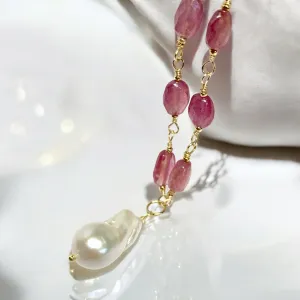 Pink Sapphire Gemstone and Pearl Pendant Necklace, Rosary Style, 14 kt Gold Fill