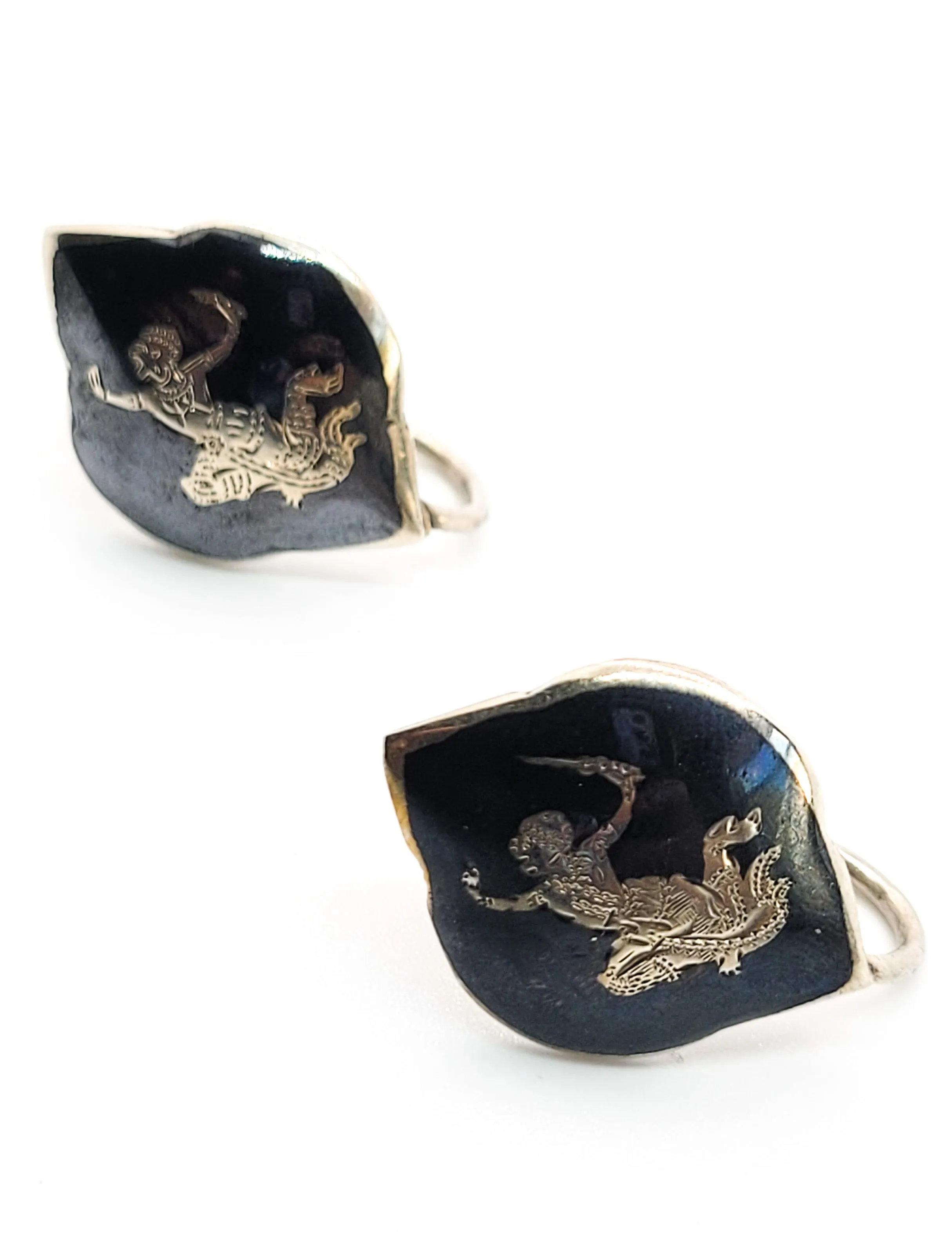 Ramasoon God of Thunder Nielloware black enamel sterling silver screw back earrings