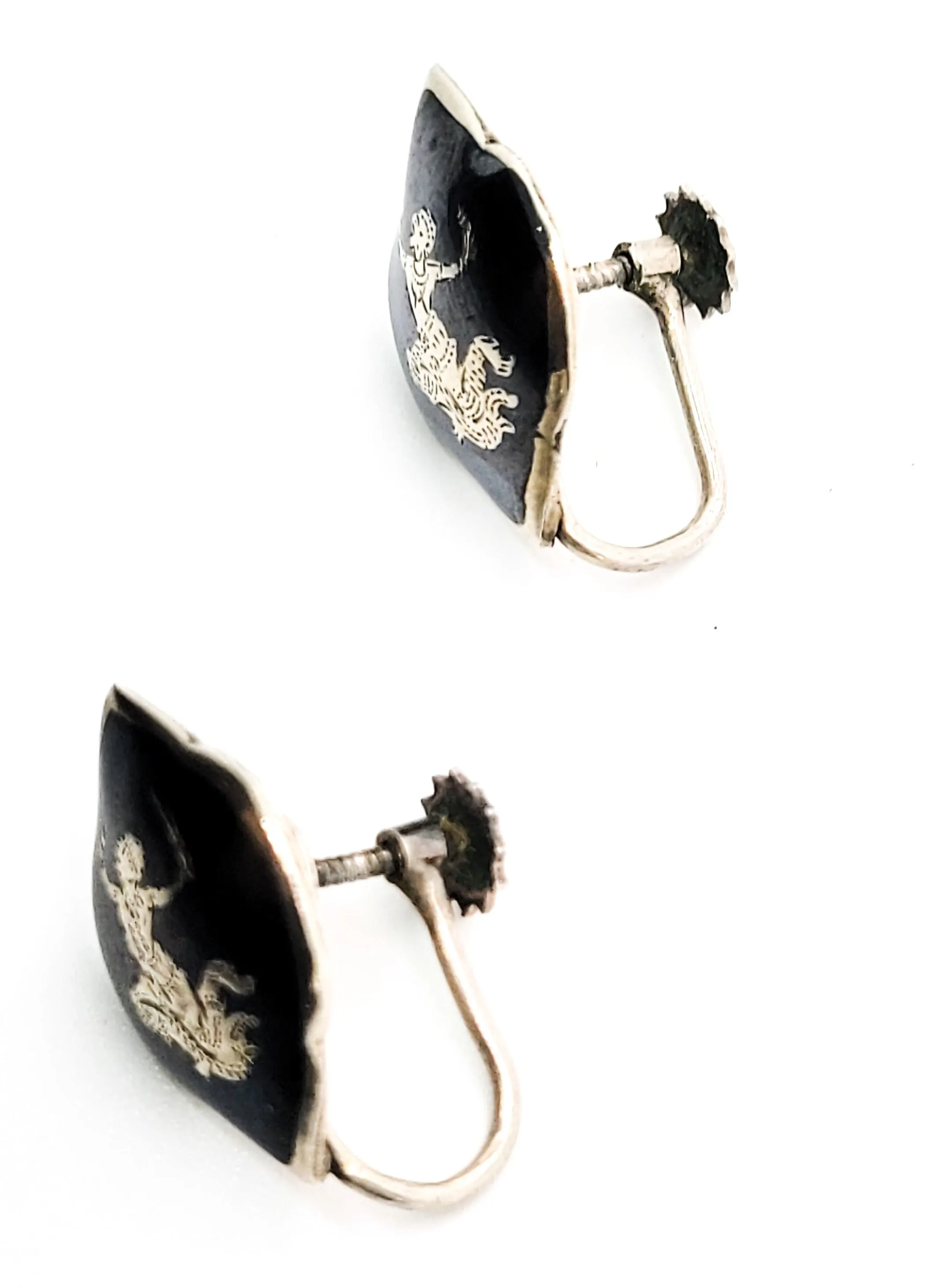 Ramasoon God of Thunder Nielloware black enamel sterling silver screw back earrings