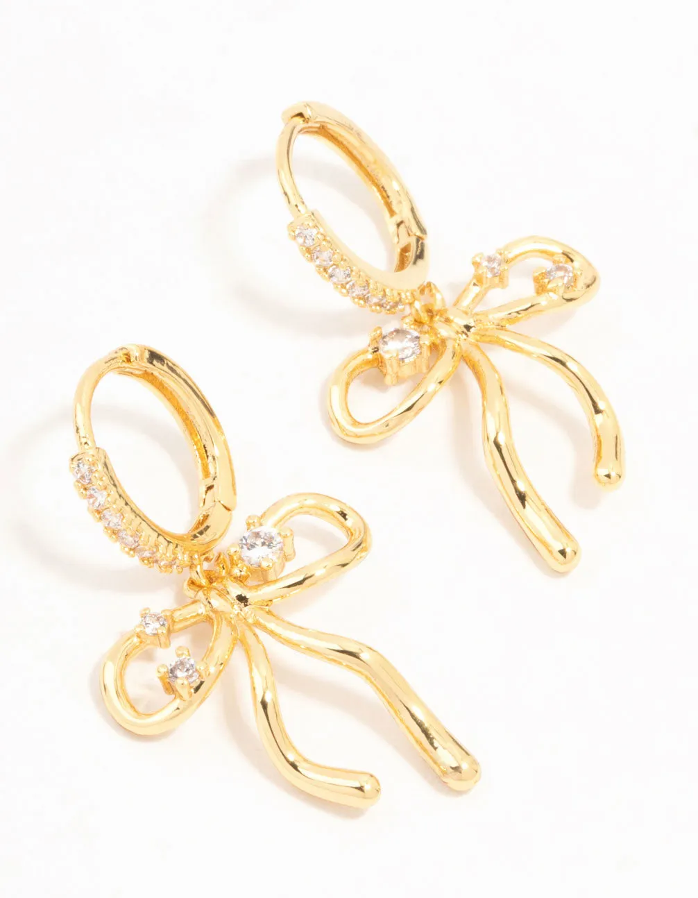 Real Gold Plated Cubic Zirconia Speckled Bow Huggie Earrings