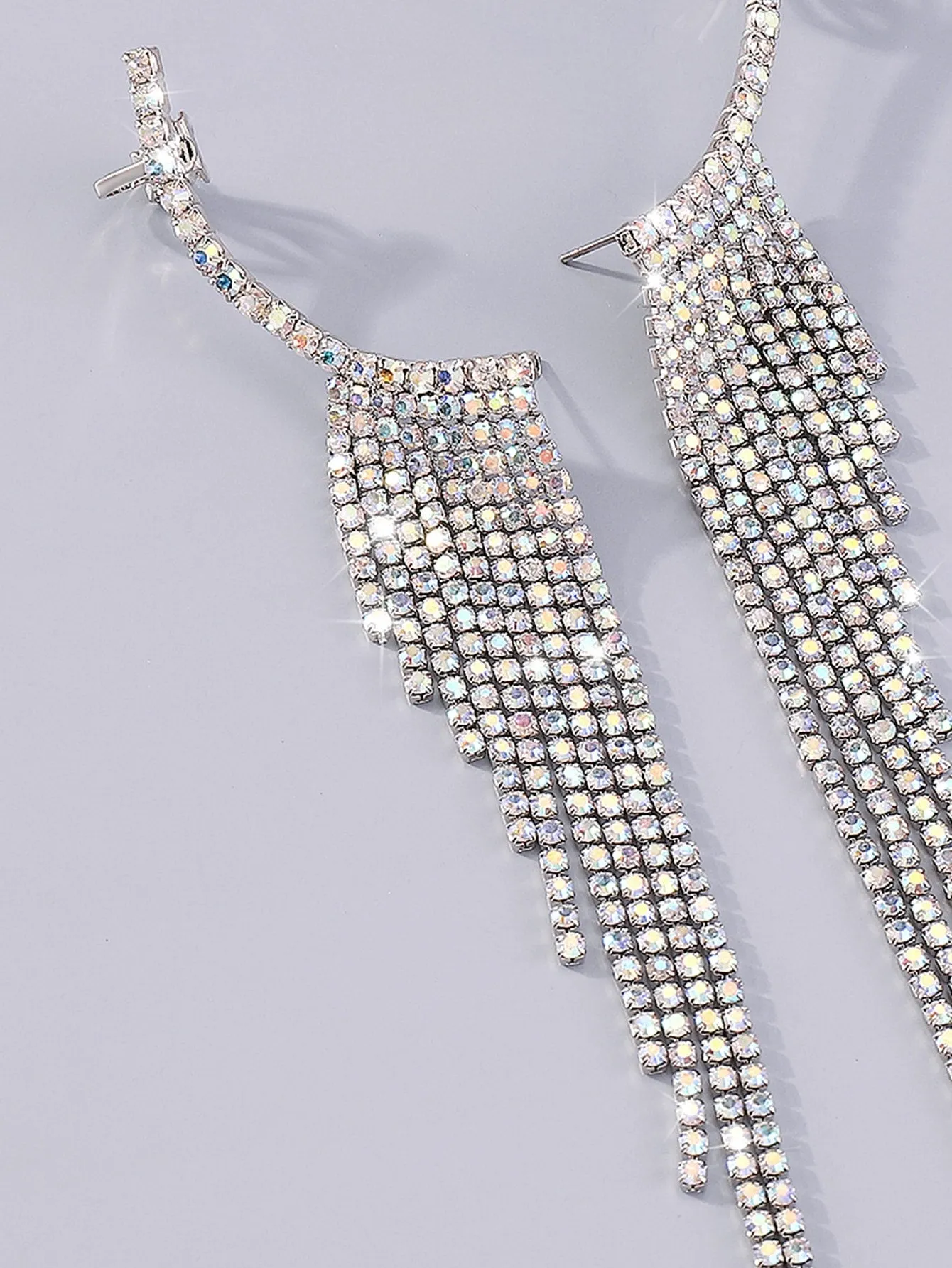 Rhinestone Tassel Design Earrings - Silver
