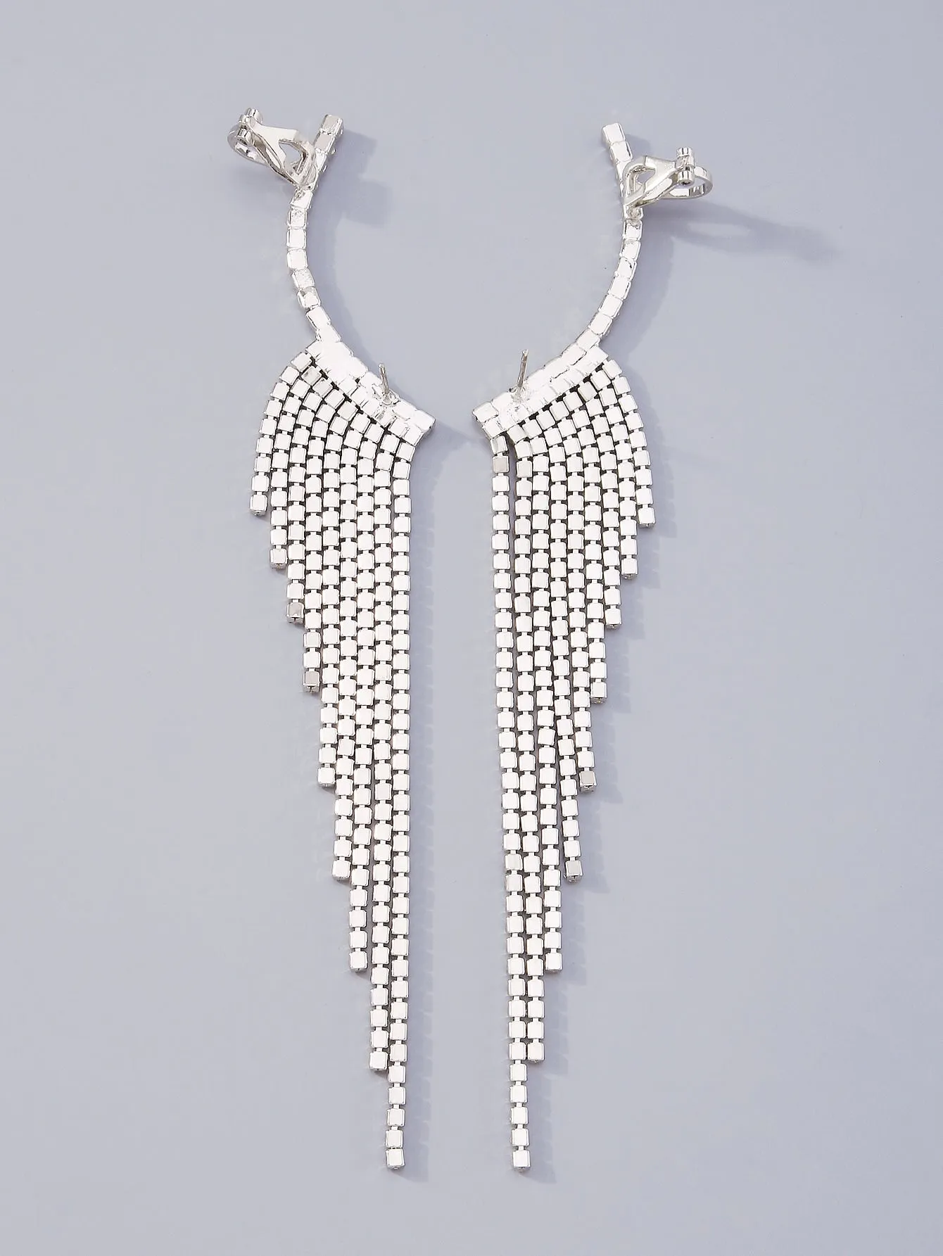 Rhinestone Tassel Design Earrings - Silver