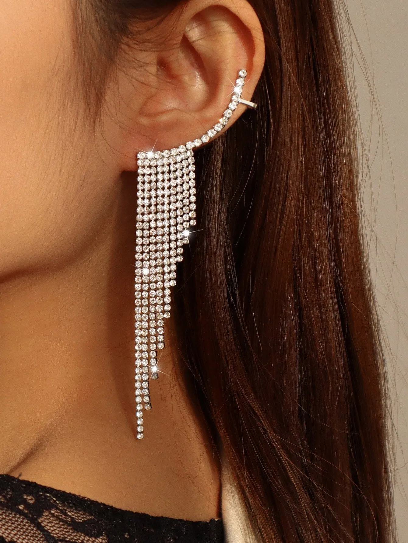 Rhinestone Tassel Design Earrings - Silver
