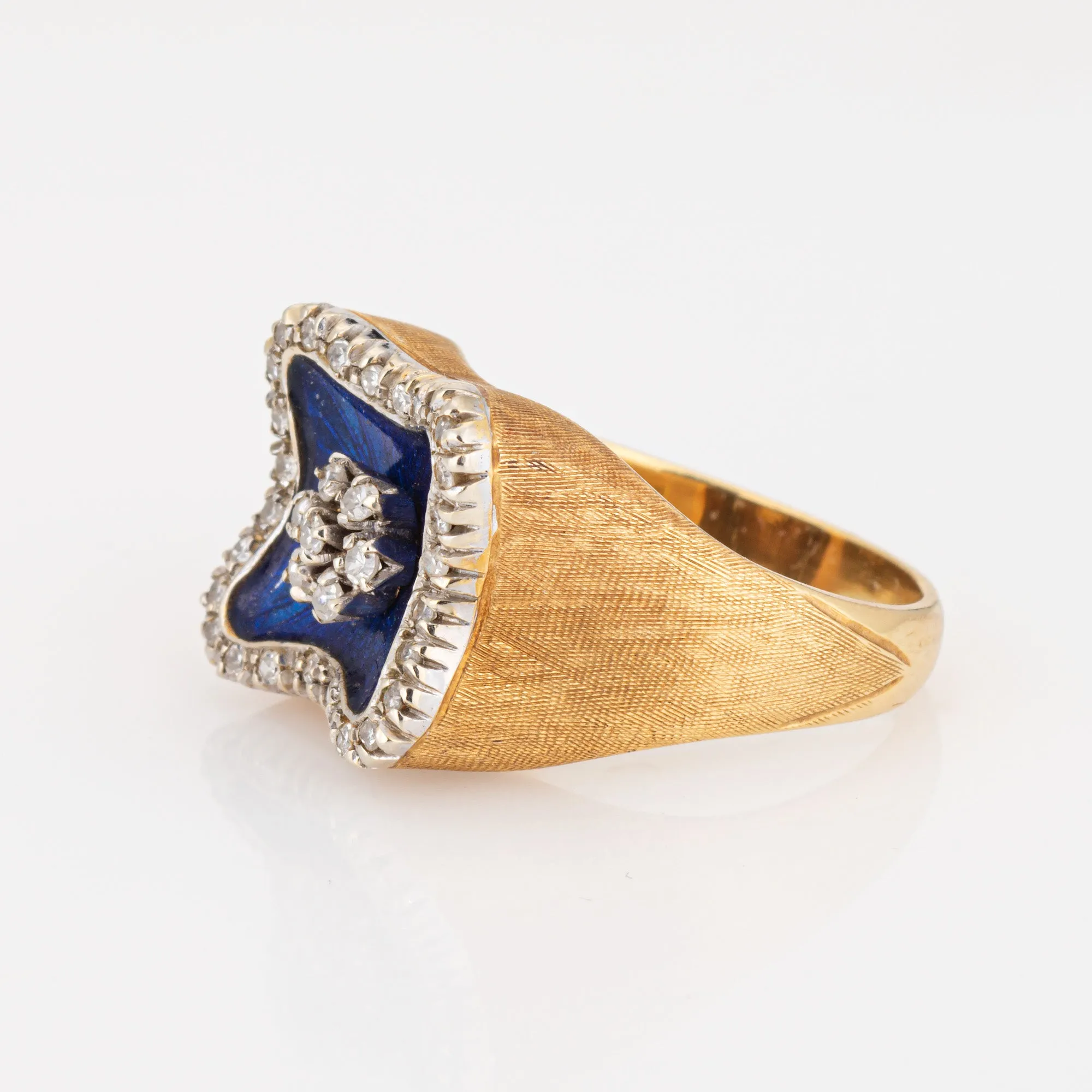 Royal Blue Enamel Square Ring Diamond Vintage Sz 5.75 18k Yellow Gold Jewelry