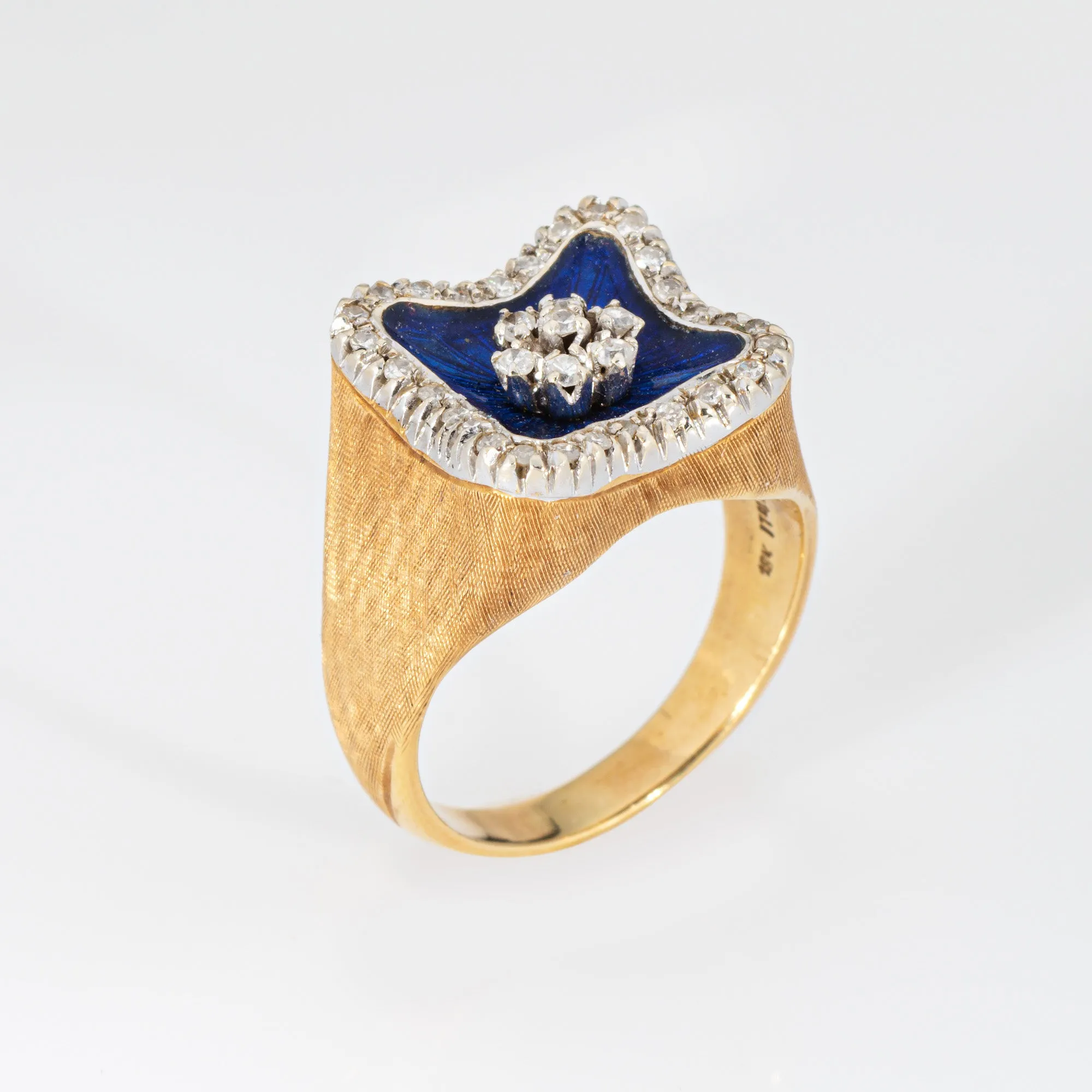 Royal Blue Enamel Square Ring Diamond Vintage Sz 5.75 18k Yellow Gold Jewelry