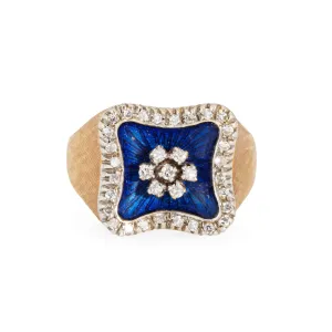 Royal Blue Enamel Square Ring Diamond Vintage Sz 5.75 18k Yellow Gold Jewelry