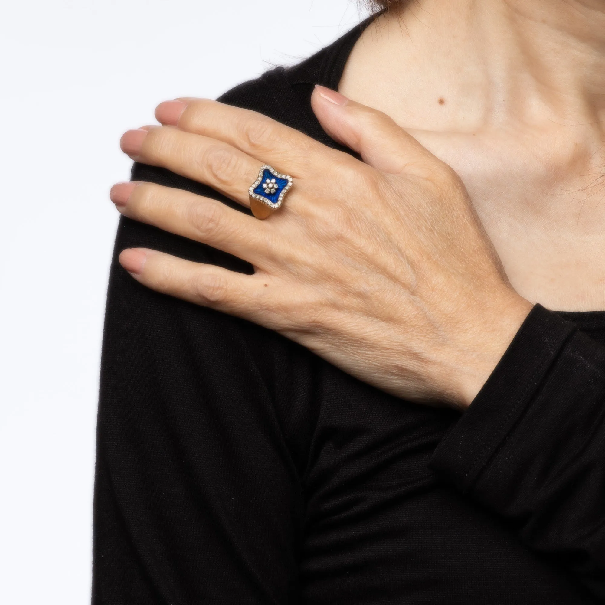 Royal Blue Enamel Square Ring Diamond Vintage Sz 5.75 18k Yellow Gold Jewelry