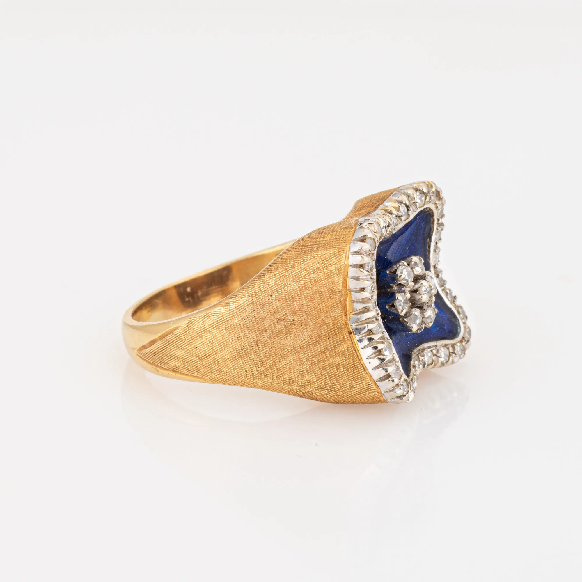 Royal Blue Enamel Square Ring Diamond Vintage Sz 5.75 18k Yellow Gold Jewelry