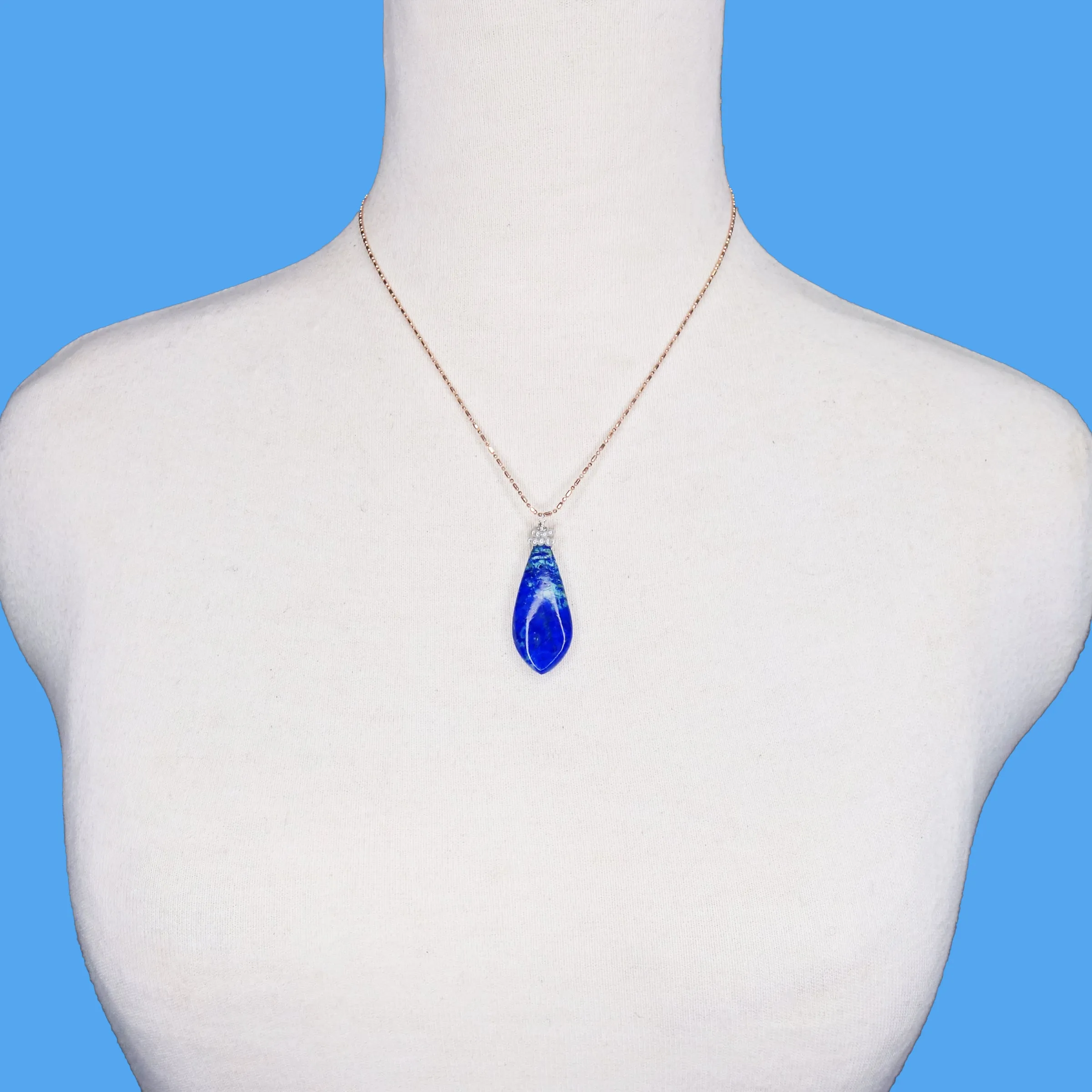 She Basks in Vitamin Sea: azurite malachite, pearl, rose gold