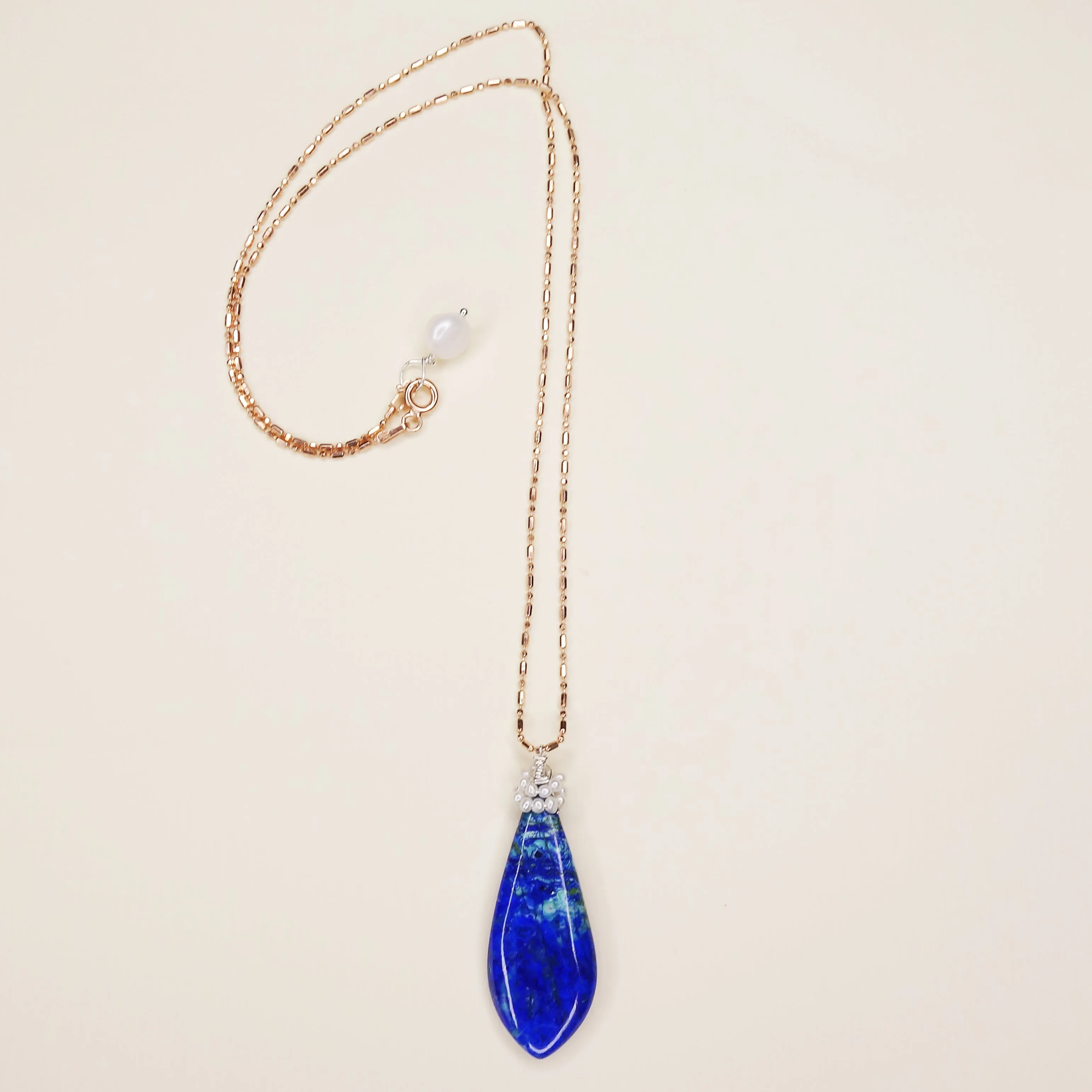 She Basks in Vitamin Sea: azurite malachite, pearl, rose gold
