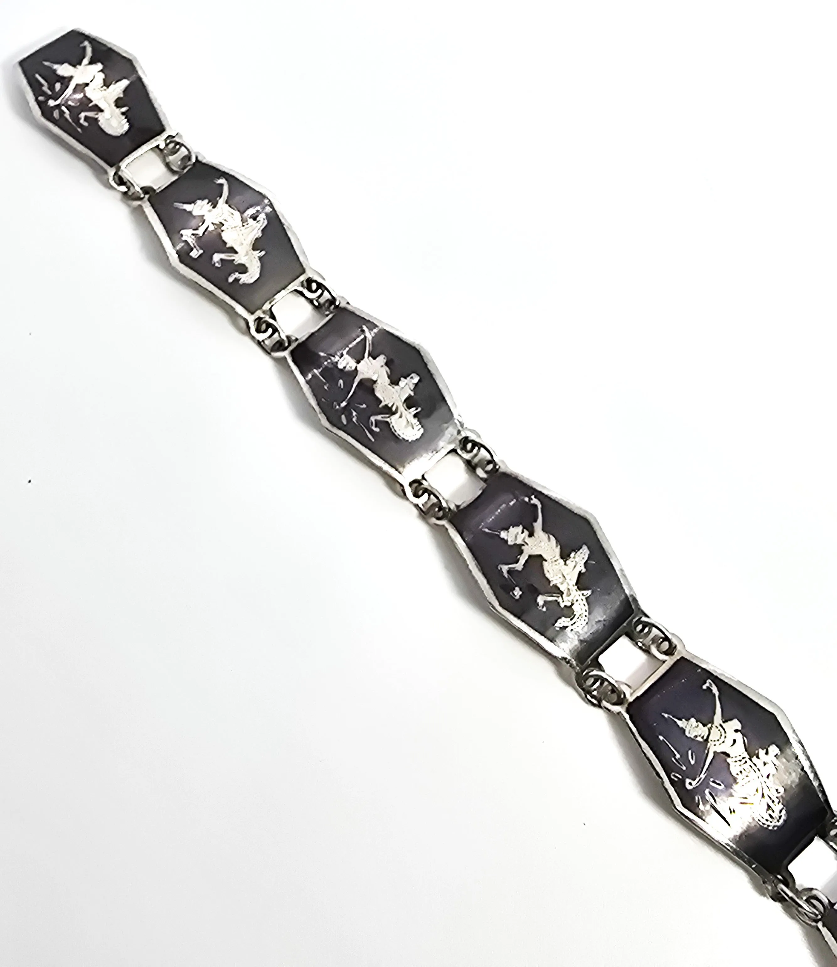 Siam Black Nielloware enamel Mekkala lightening goddess vintage sterling silver bracelet CS