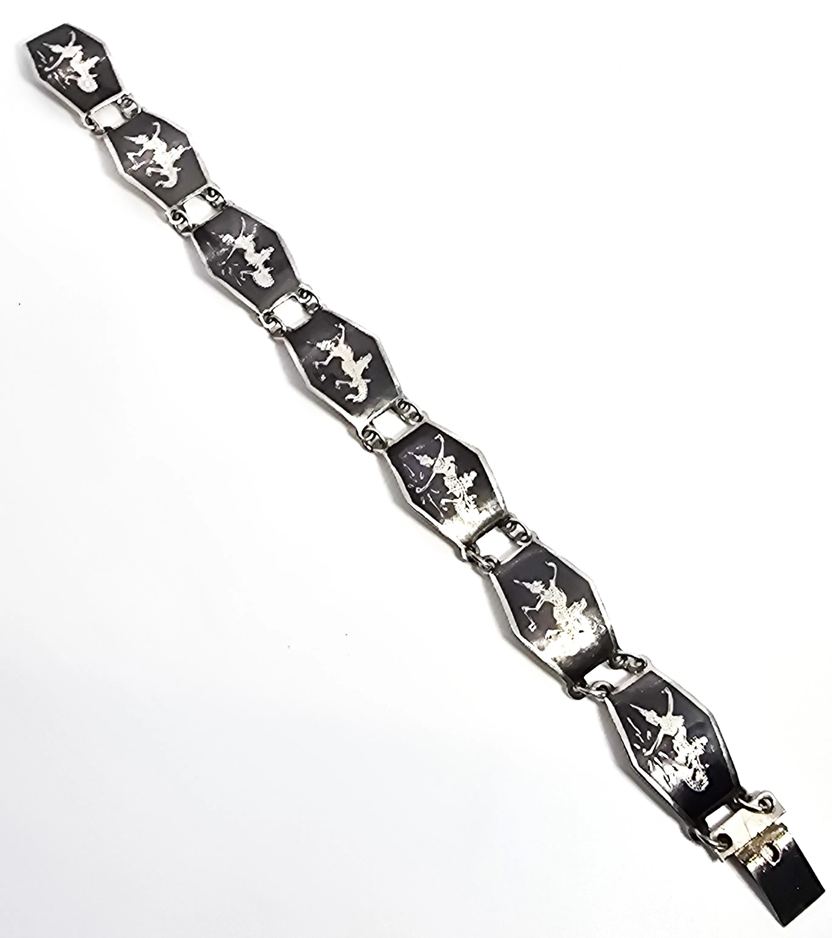 Siam Black Nielloware enamel Mekkala lightening goddess vintage sterling silver bracelet CS