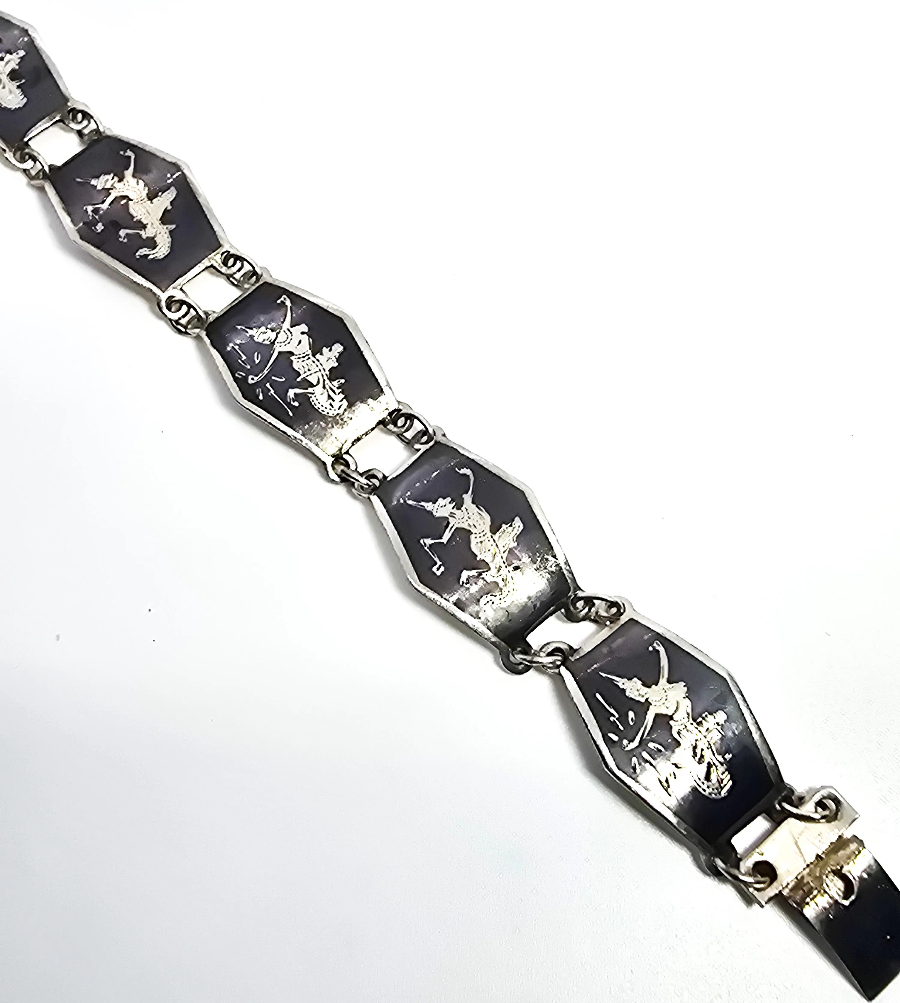 Siam Black Nielloware enamel Mekkala lightening goddess vintage sterling silver bracelet CS