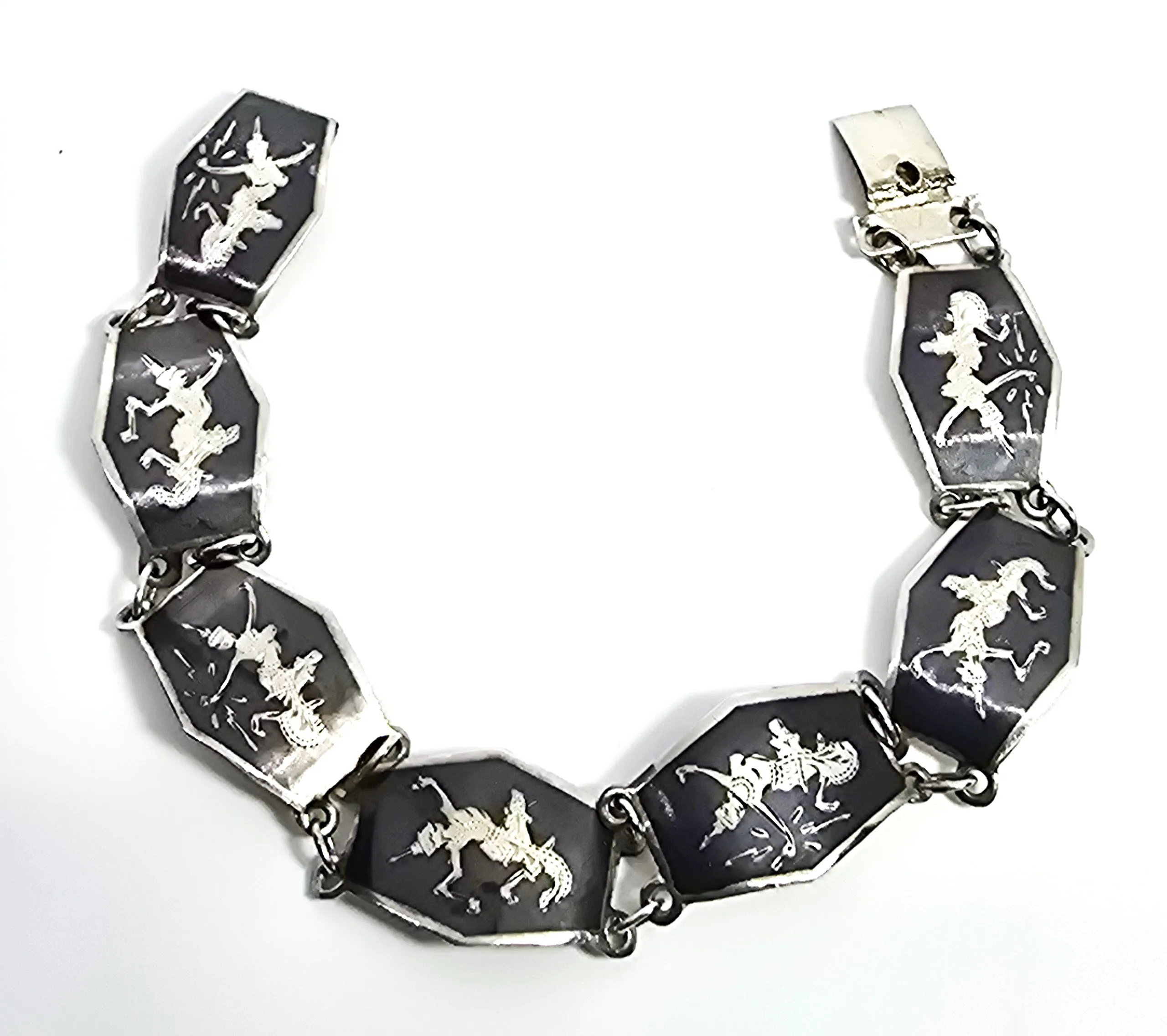 Siam Black Nielloware enamel Mekkala lightening goddess vintage sterling silver bracelet CS